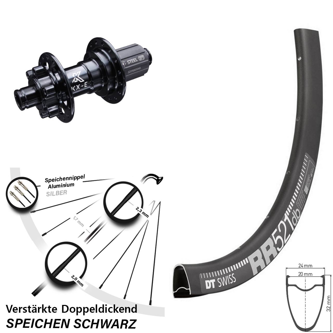Hinterrad 6-Loch 28 Zoll DT Swiss RR 521 KX-E 8-12 fach HG 12x142