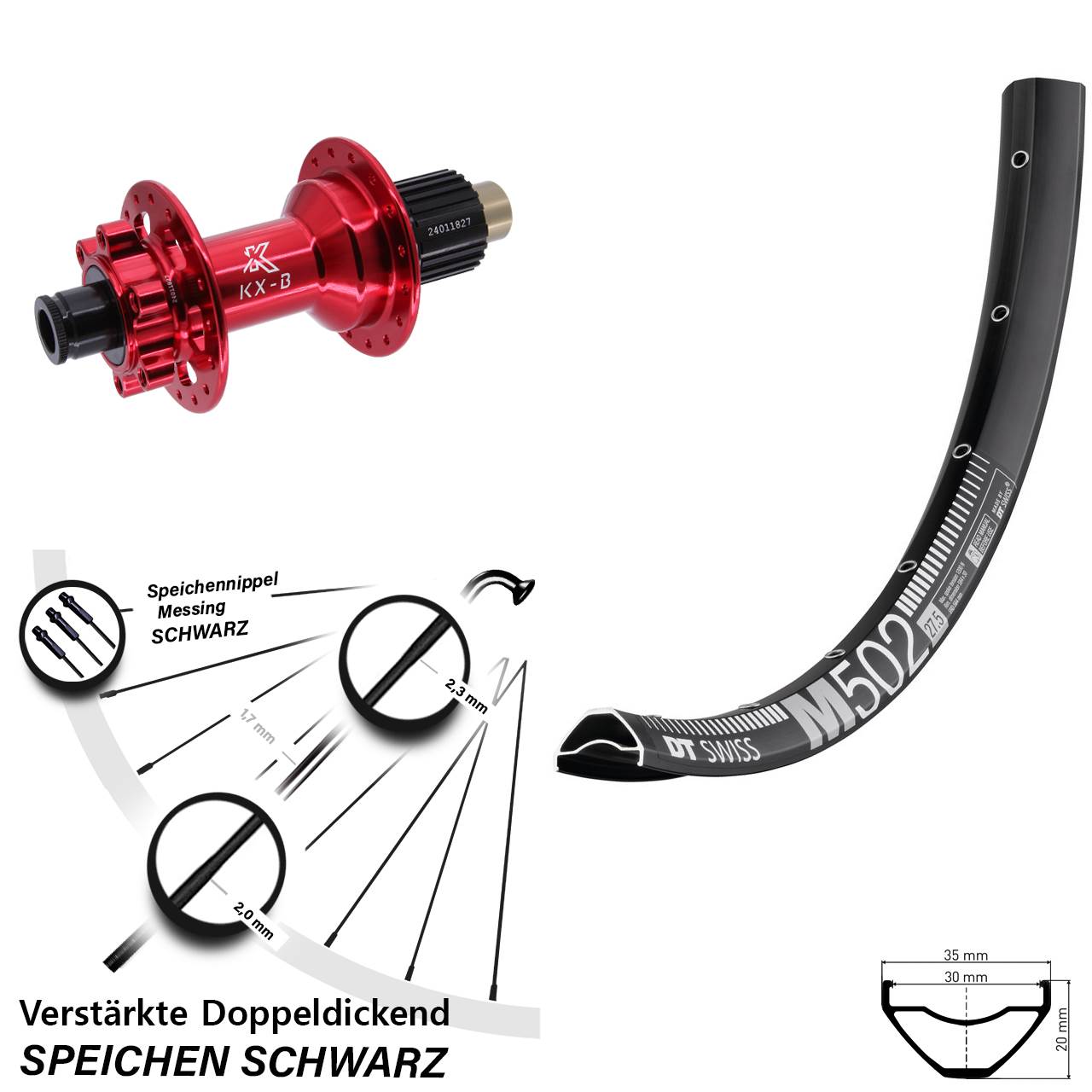 6-Loch Hinterrad 29 Zoll DT Swiss M 502 KX-B rot Shimano Micro Spline 12x148 Boost
