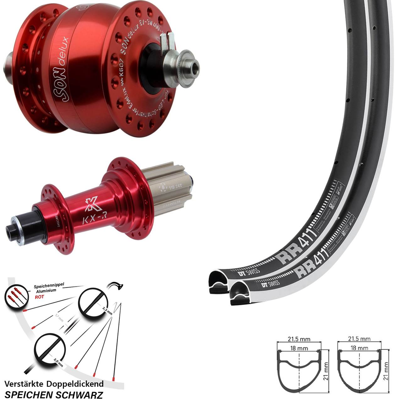 Laufradsatz für Schnellspanner 28 Zoll DT Swiss RR 411 KX-R rot SON delux 8-12 fach Campa