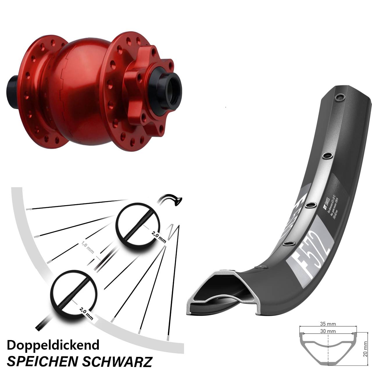 Disc Vorderrad mit Nabendynamo 27,5 Zoll DT Swiss F 572 SON 28 rot 15x110 Boost