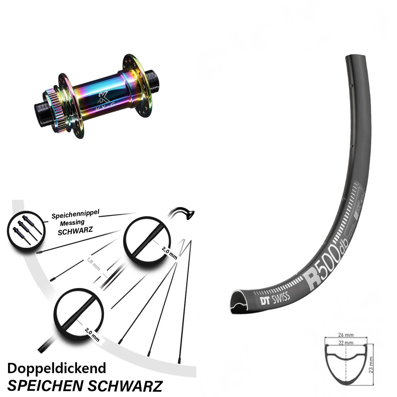 28 Zoll Vorderrad Road Disc DT Swiss R 500 mit KX-G Nabe Oilslick 12x100 mm Steckachse