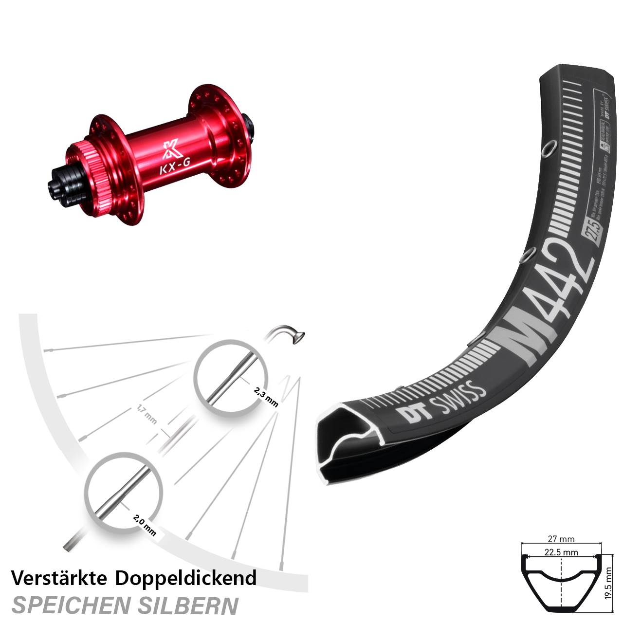 DT Swiss M442 KX-G rot 29 Zoll Centerlock Vorderrad QR