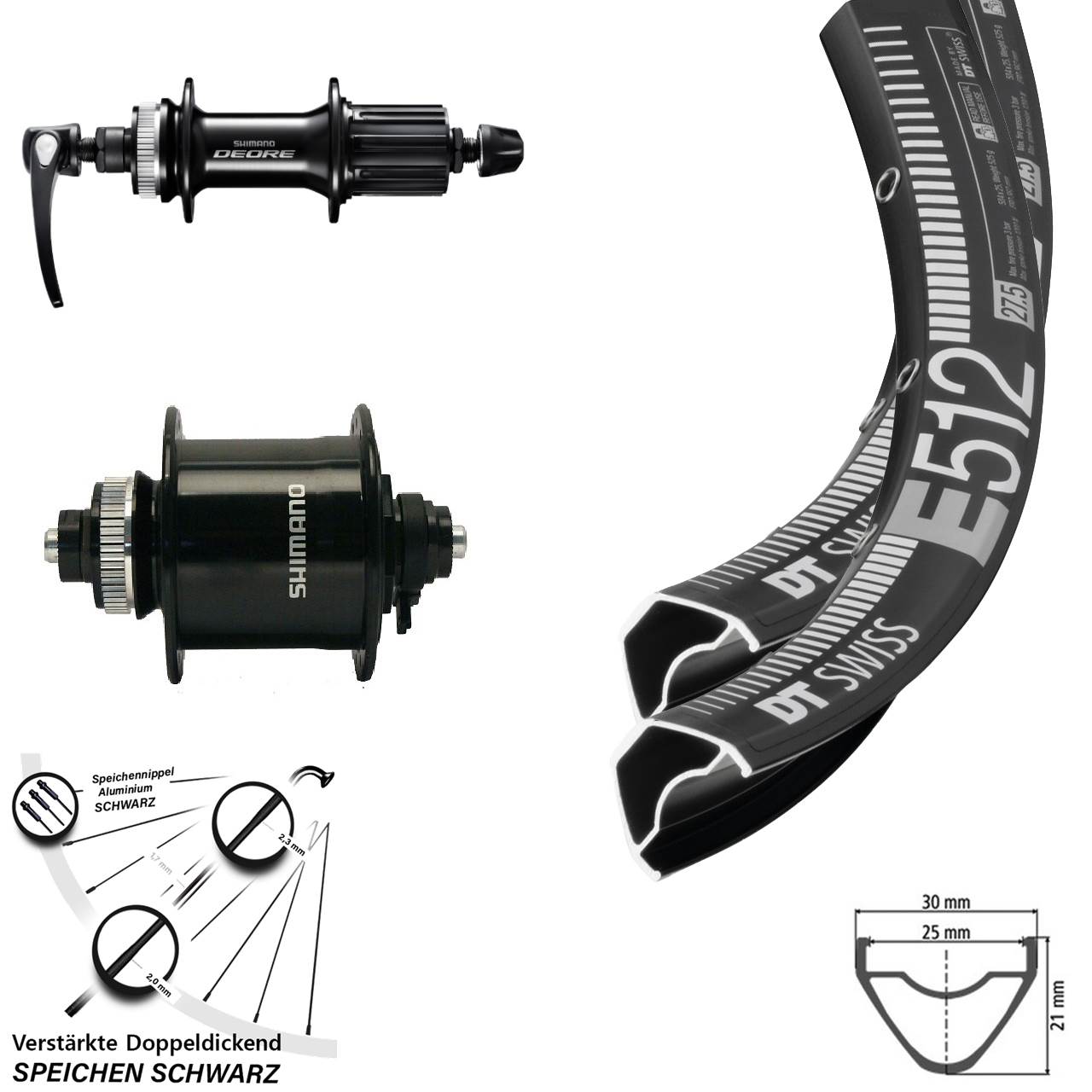 29 Zoll Laufradsatz QR DT Swiss E 512 Shimano DH-UR700-Deore FH-M6000 8-11 fach