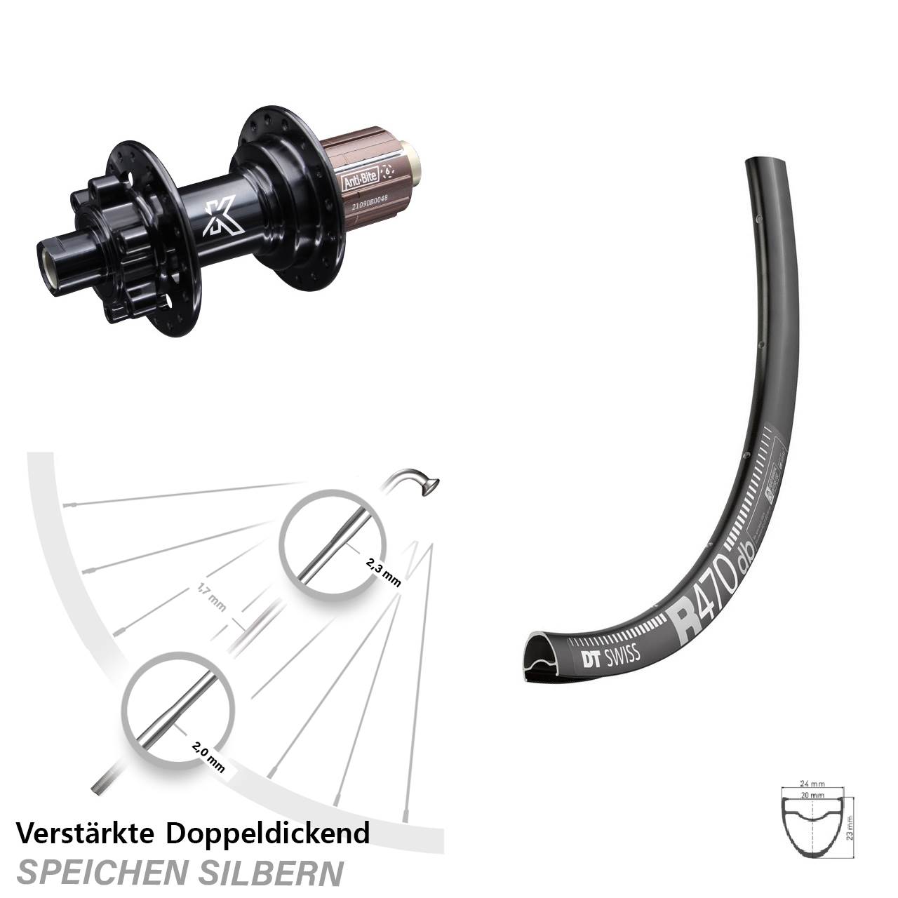 6-Loch Hinterrad 12x142 28 Zoll DT Swiss R470 KX-M Shimano Anti-Bite 8-12 fach