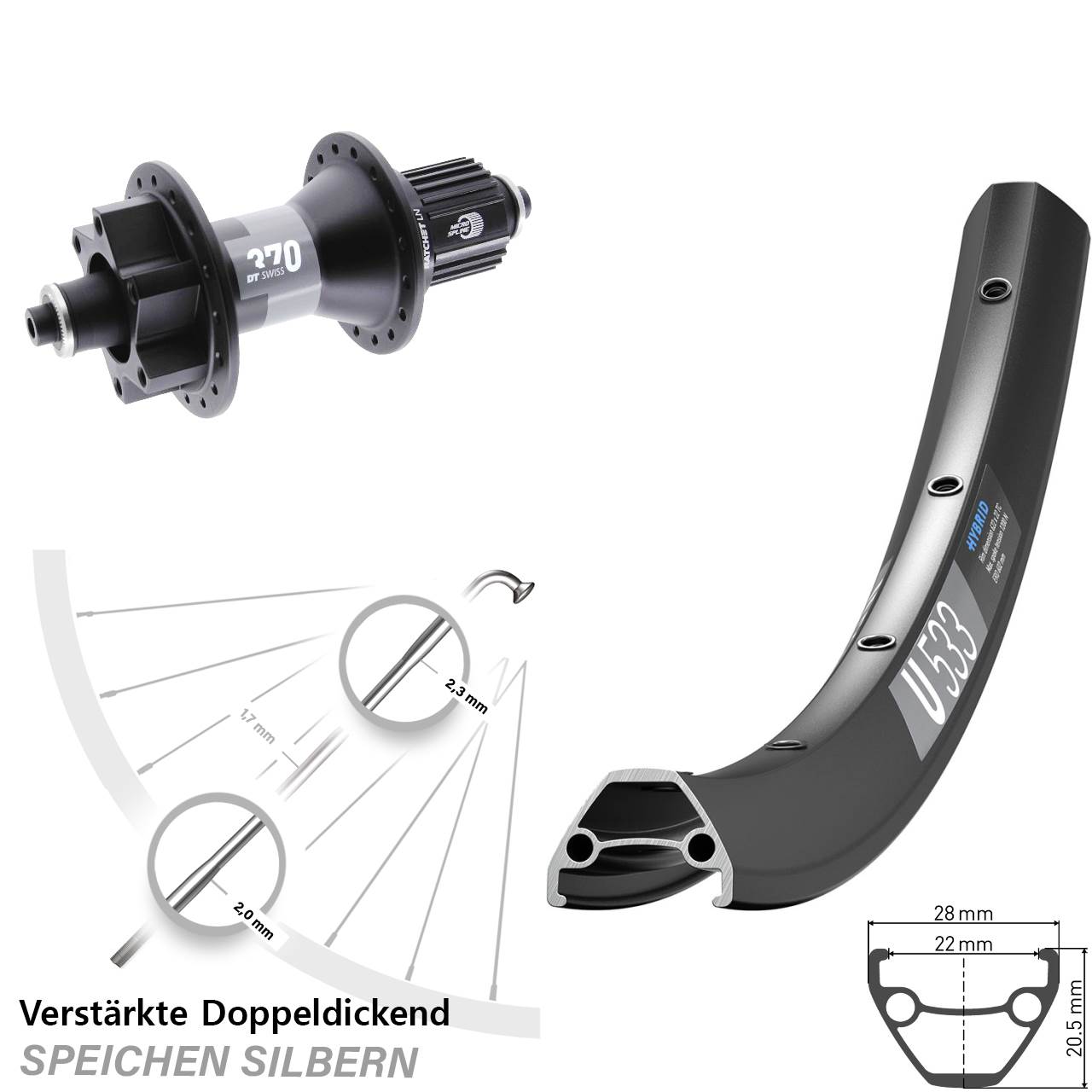 28 Zoll DT Swiss U 533-370 Hybrid Disc Laufrad für Schnellspanner Micro Spline