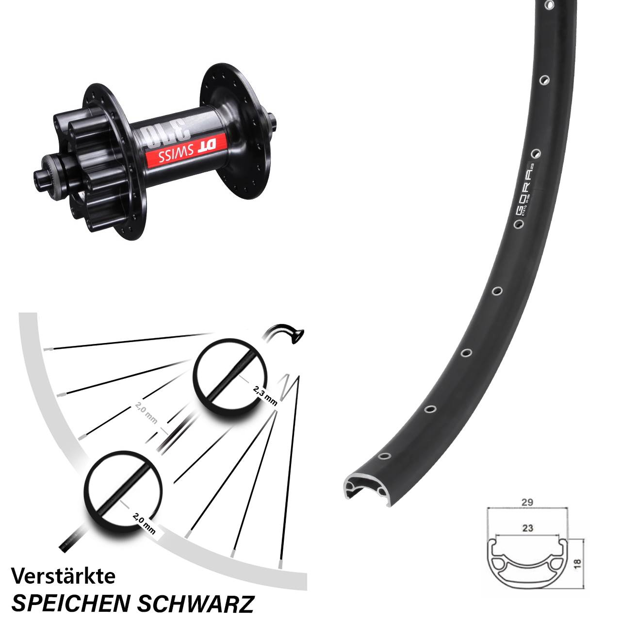 Vorderrad DT Swiss 370 Gora 23 Disc schwarz 5x100 mm 29 Zoll 6-Loch