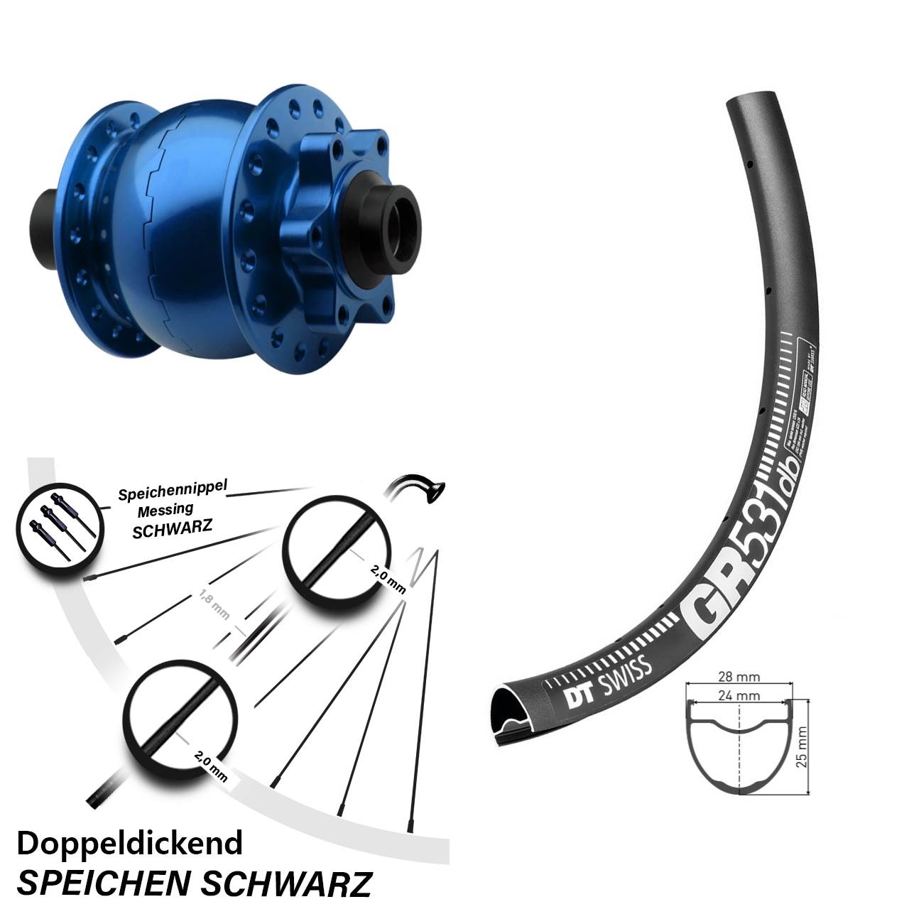 Disc Laufrad mit Nabendynamo 29 Zoll DT Swiss GR531 SON 28 blau 15x100