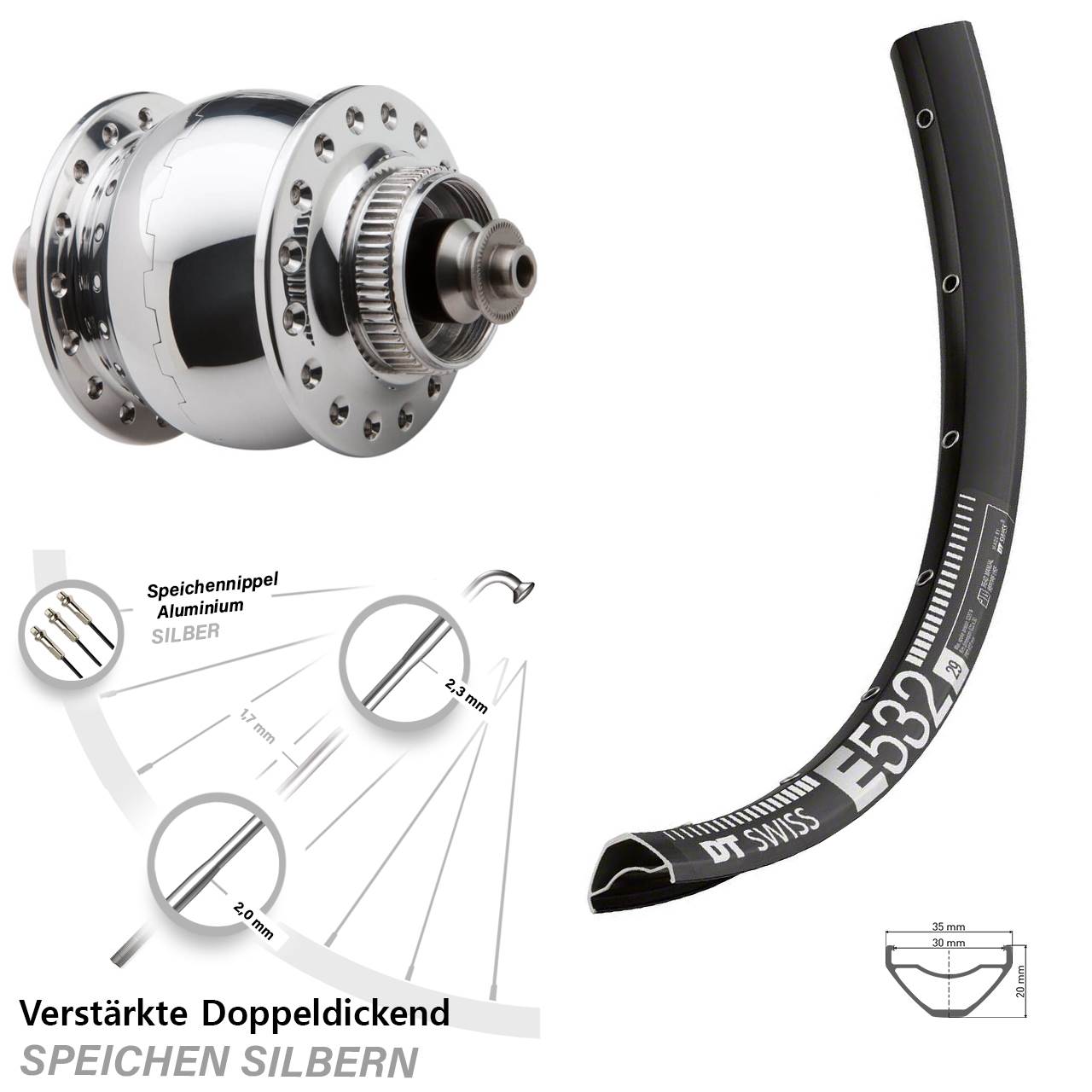 Centerlock Dynamo-Vorderrad für Schnellspanner 29 Zoll DT Swiss E 532 SONdelux