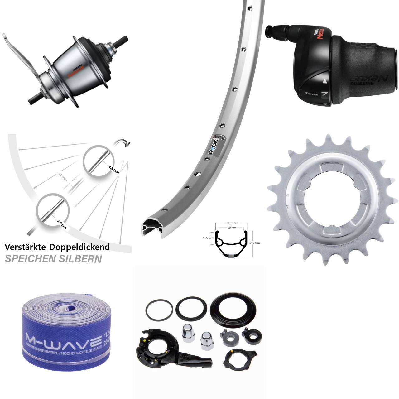 Hinterrad 28 Zoll Ryde Zac 421 silbern Shimano 7 Gang Nabenschaltung Rücktritt