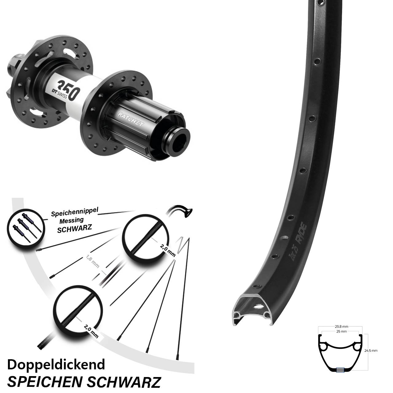 Hinterrad 28-29 Zoll Ryde ZAC 25 DT Swiss 350 12x142 6-Loch 8-11 fach HG