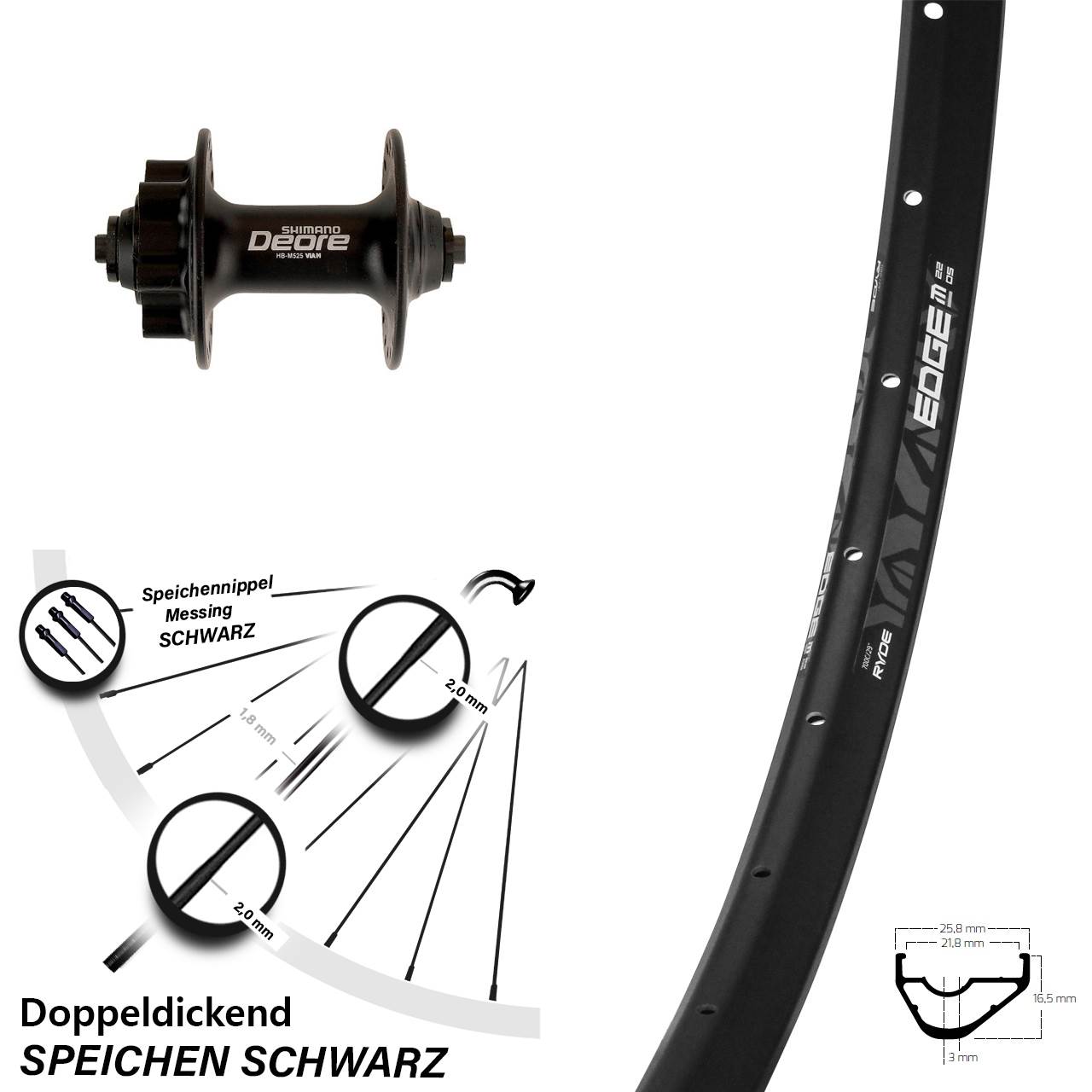 28-29 Zoll Ryde Edge M22 Shimano Deore Vorderrad 6-Loch QR
