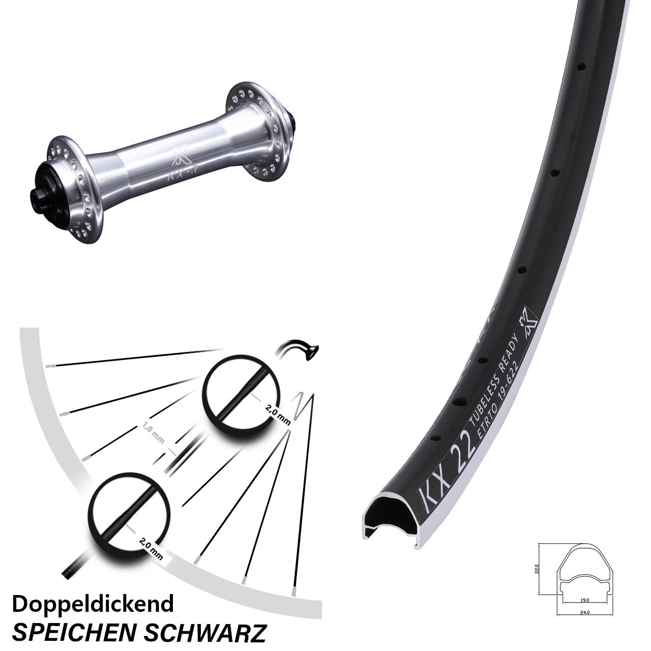Laufrad 28 Zoll KX 22 schwarz KX-R Felgenbremse 5/100 silbern