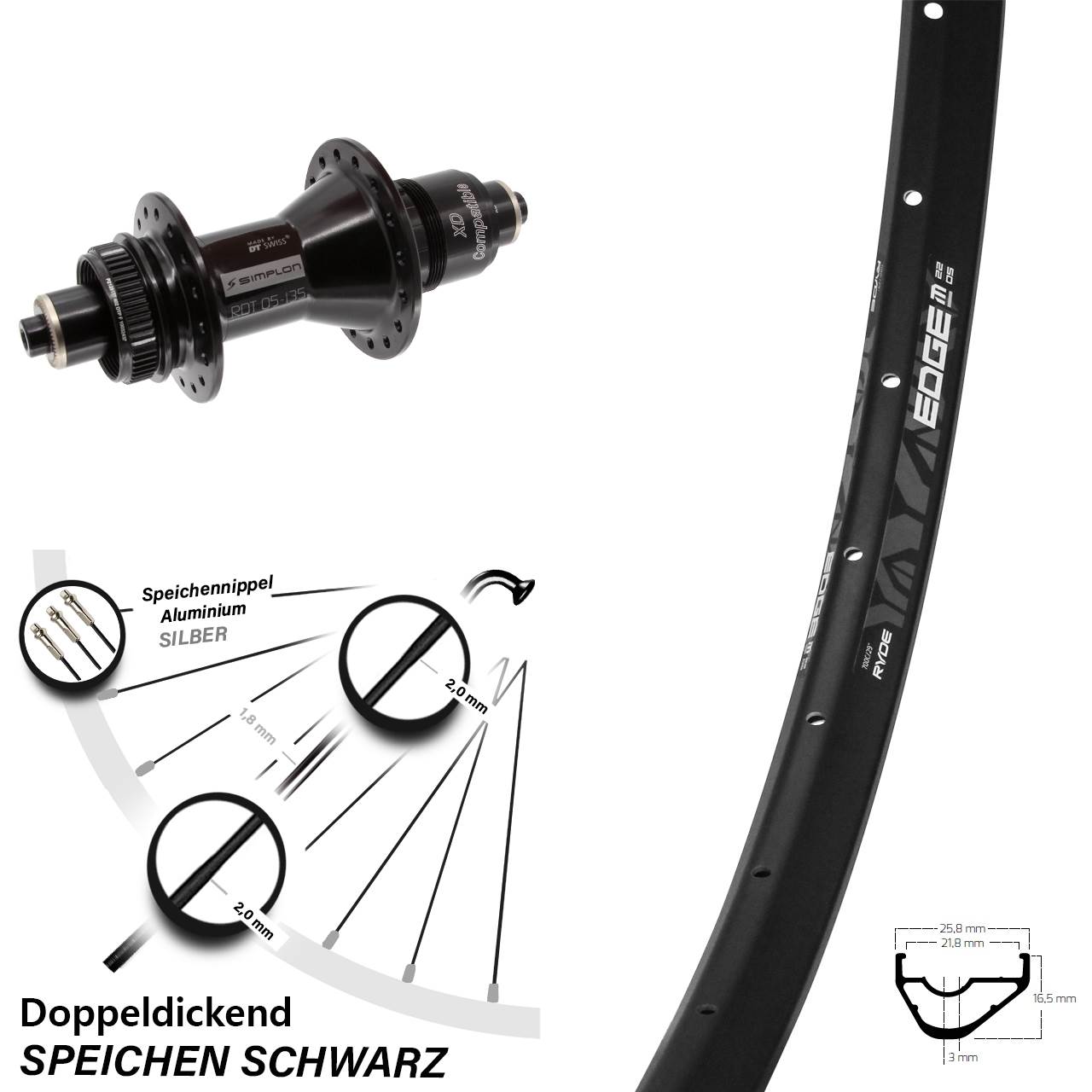 Centerlock Hinterrad QR 29 Zoll Ryde Edge M22 DT Swiss 370 XD