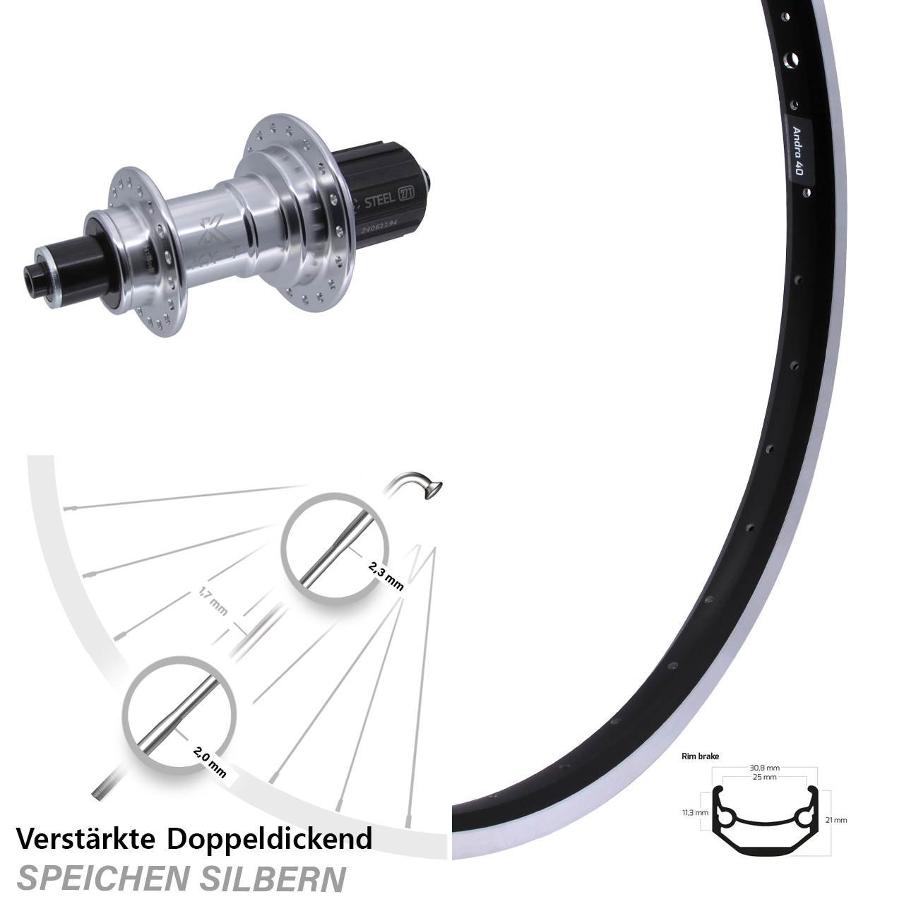 28 Zoll Ryde Andra 40 Hinterrad KX-TS Heavy Duty 8-12 fach HG QR