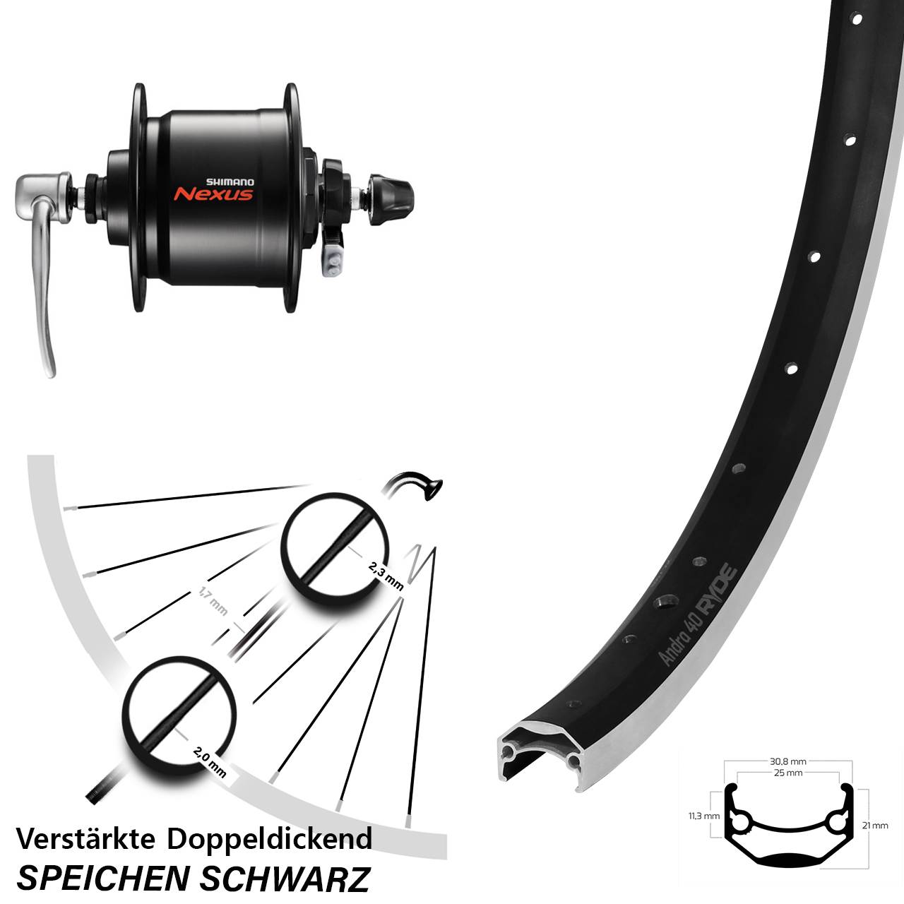 28 Zoll Ryde Andra 40 Shimano DH-C3000-3N Dynamo-Vorderrad QR