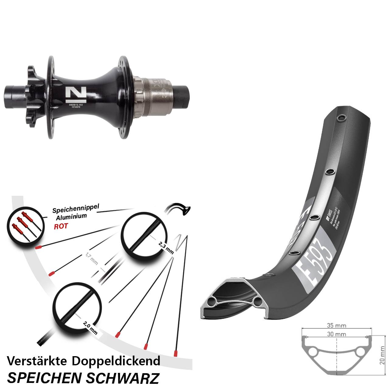 29 Zoll DT Swiss E 593 Novatec D462SB 6-Loch Hinterrad 12x148 XD