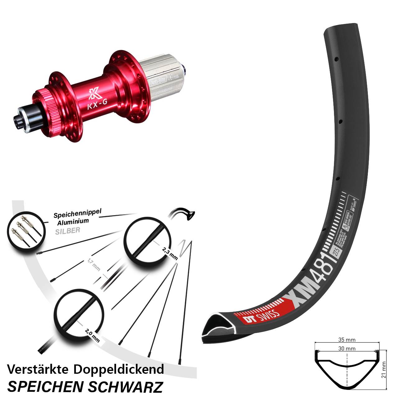 DT Swiss XM 481 KX-G rot 27,5 Zoll Disc Hinterrad für Schnellspanner 8-12 fach HG