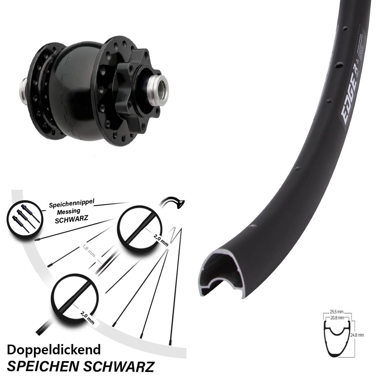 Vorderrad Nabendynamo SON 28 Zoll Ryde Edge R25 OS 6-Loch Disc 24 Speichen 12x100 mm