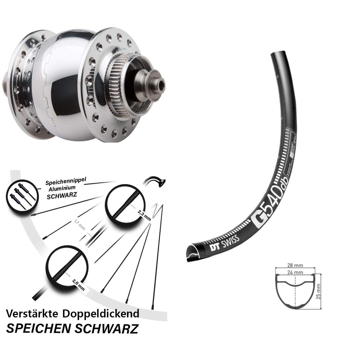 SON 28 poliert DT Swiss G540 27,5 Zoll Nabendynamovorderrad Centerlock für Schnellspanner
