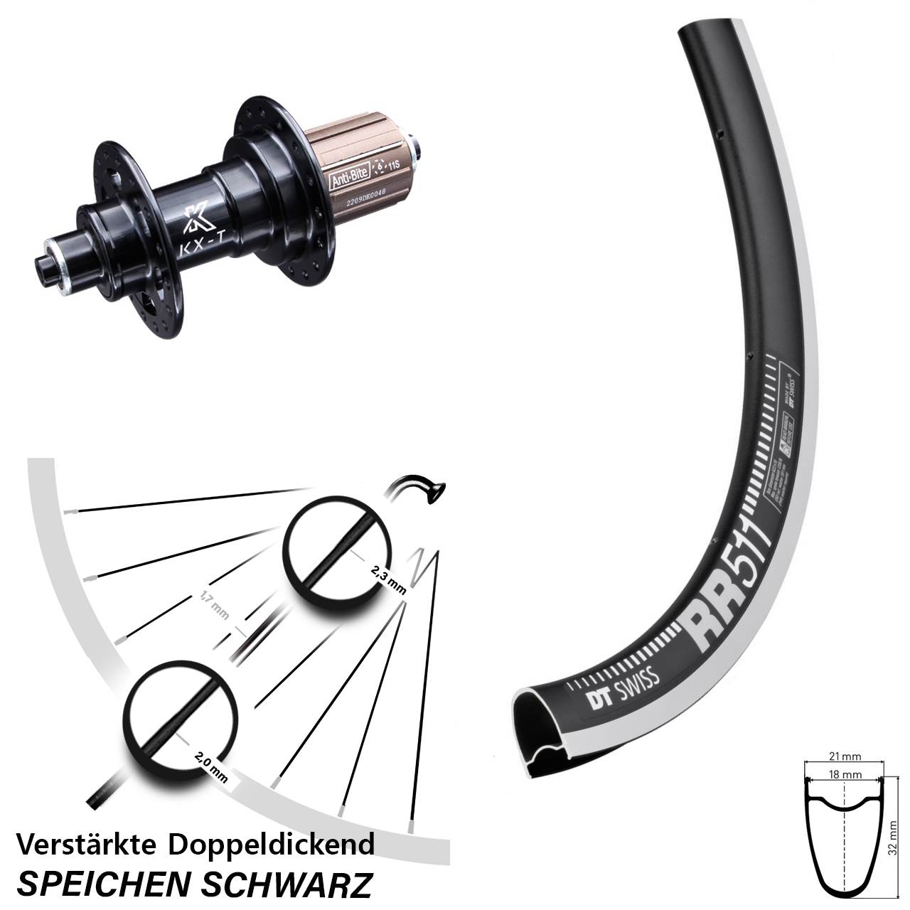 DT Swiss RR 511 KX-T 28 Zoll Hinterrad für Schnellspanner 8-12 fach HG