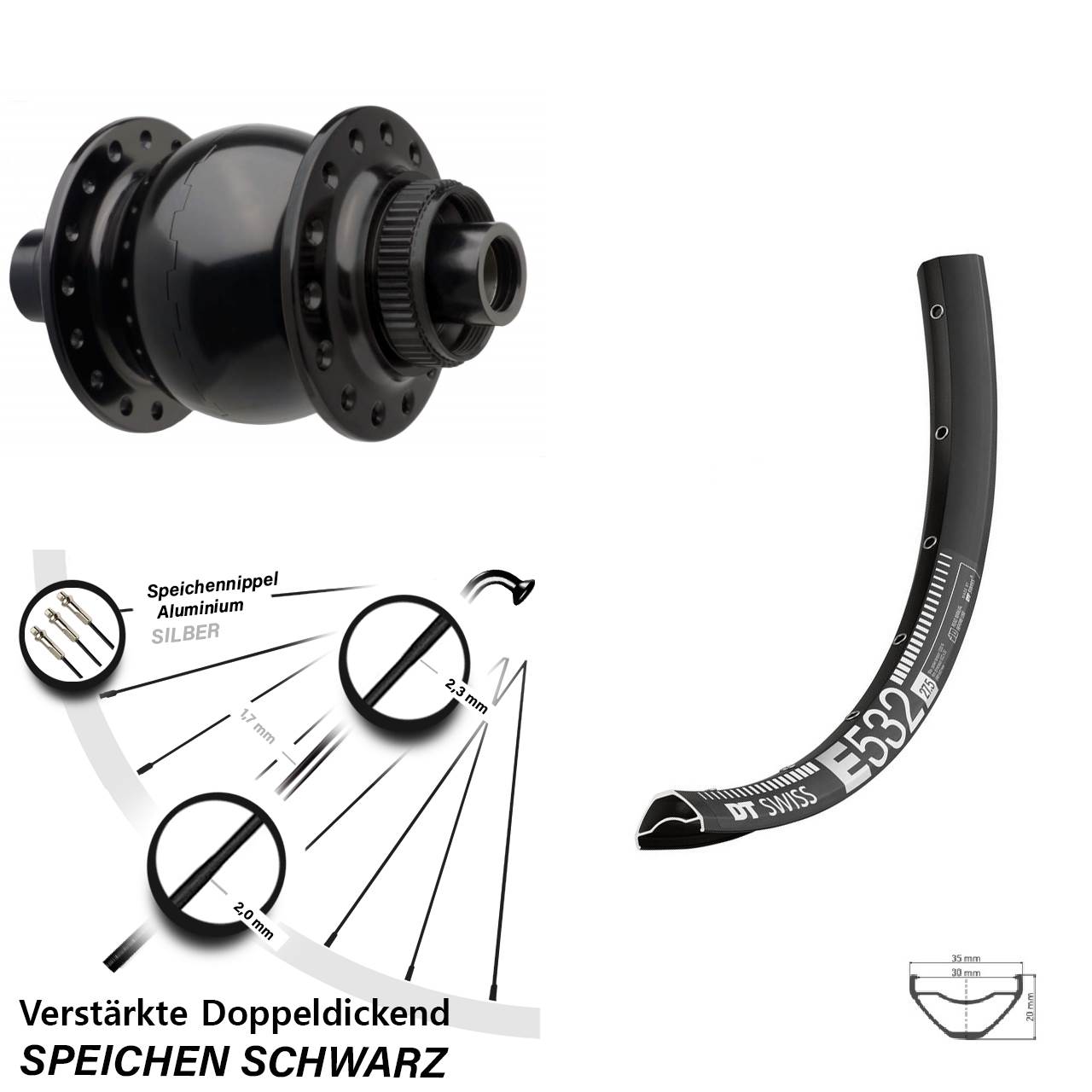 27,5 Zoll DT Swiss E 532 SON 28 Centerlock Vorderrad mit Nabendynamo 15x110 Boost