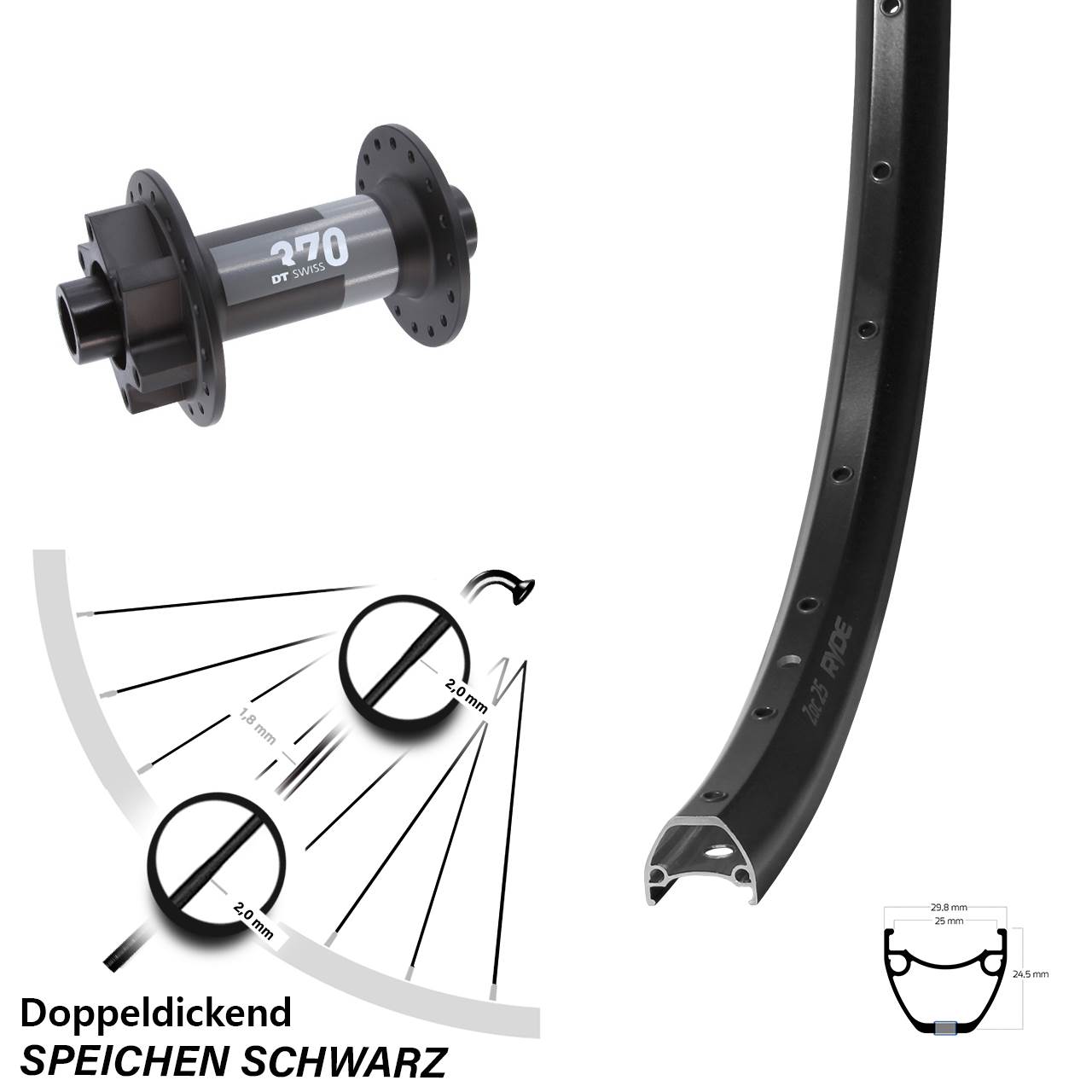 Ryde ZAC 25 DT Swiss 370 28 Zoll Disc Laufrad 15x110 Boost