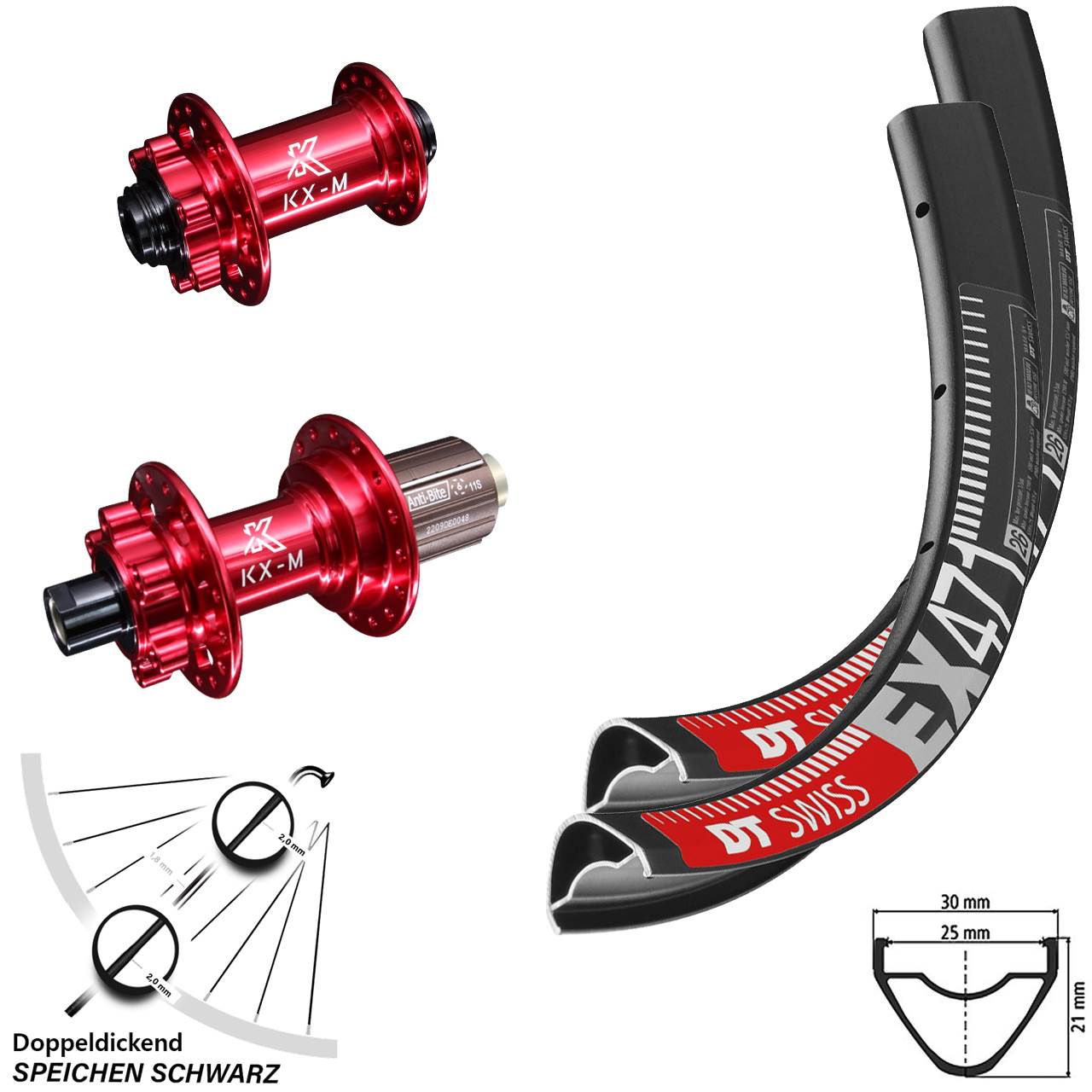 29 Zoll Laufradsatz KX-M Nabe rot eloxiert 8-12 fach Steckachse DT Swiss EX 471 MTB Enduro