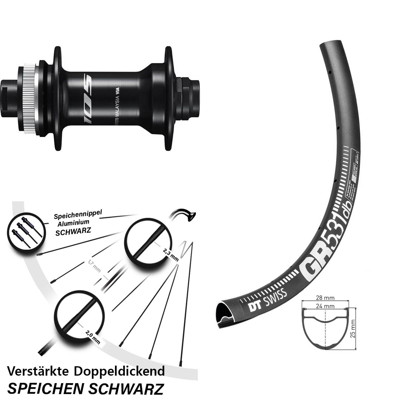 verstärktes Vorderrad Gravel DT Swiss GR 531 DB Steckachse Nabe Shimano 105