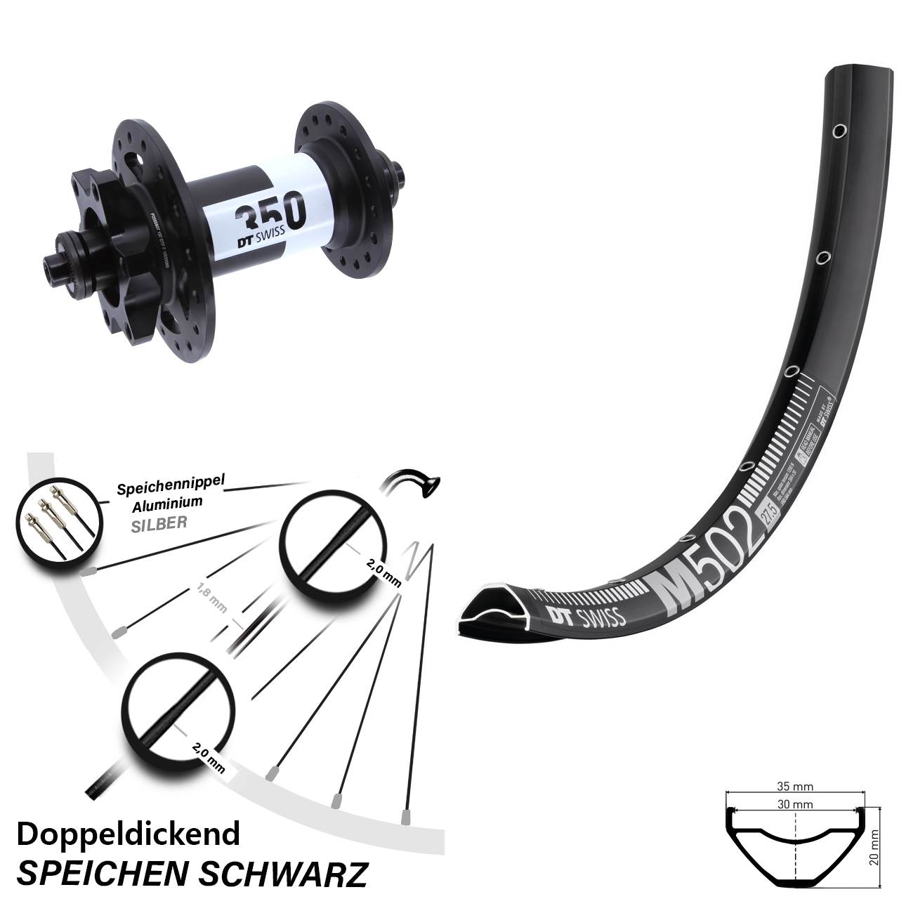 Vorderrad 6-Loch 29 Zoll DT Swiss M502-350 für Schnellspanner