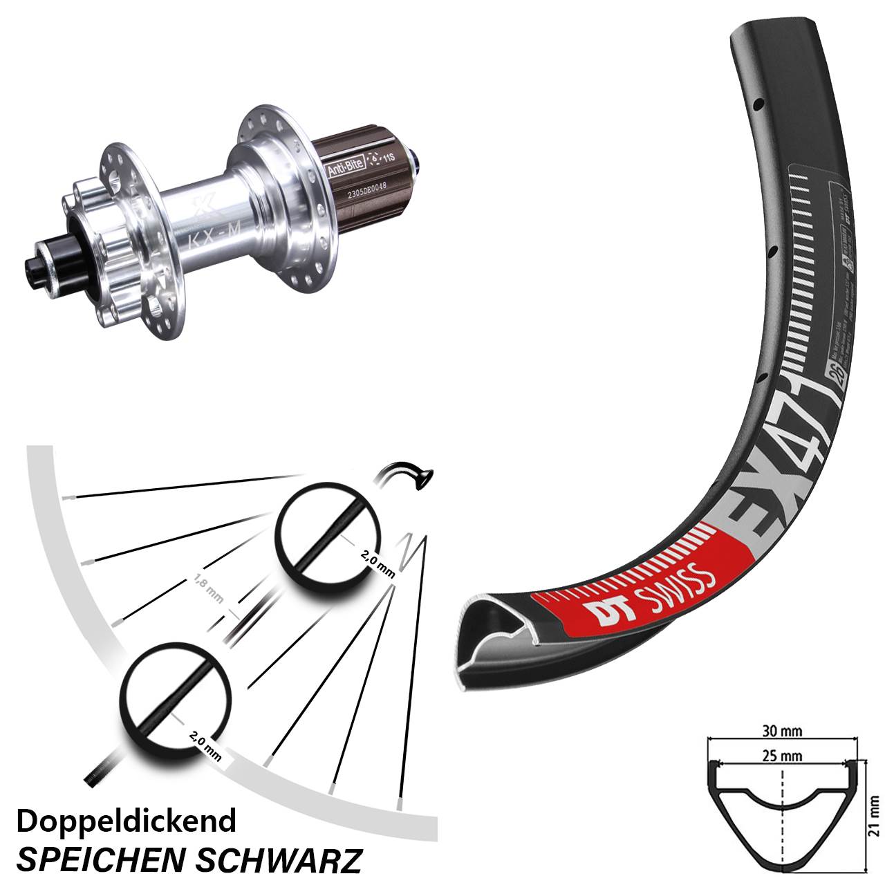 DT Swiss EX471 KX-M 26 Zoll 6-Loch Hinterrad QR 8-12 fach