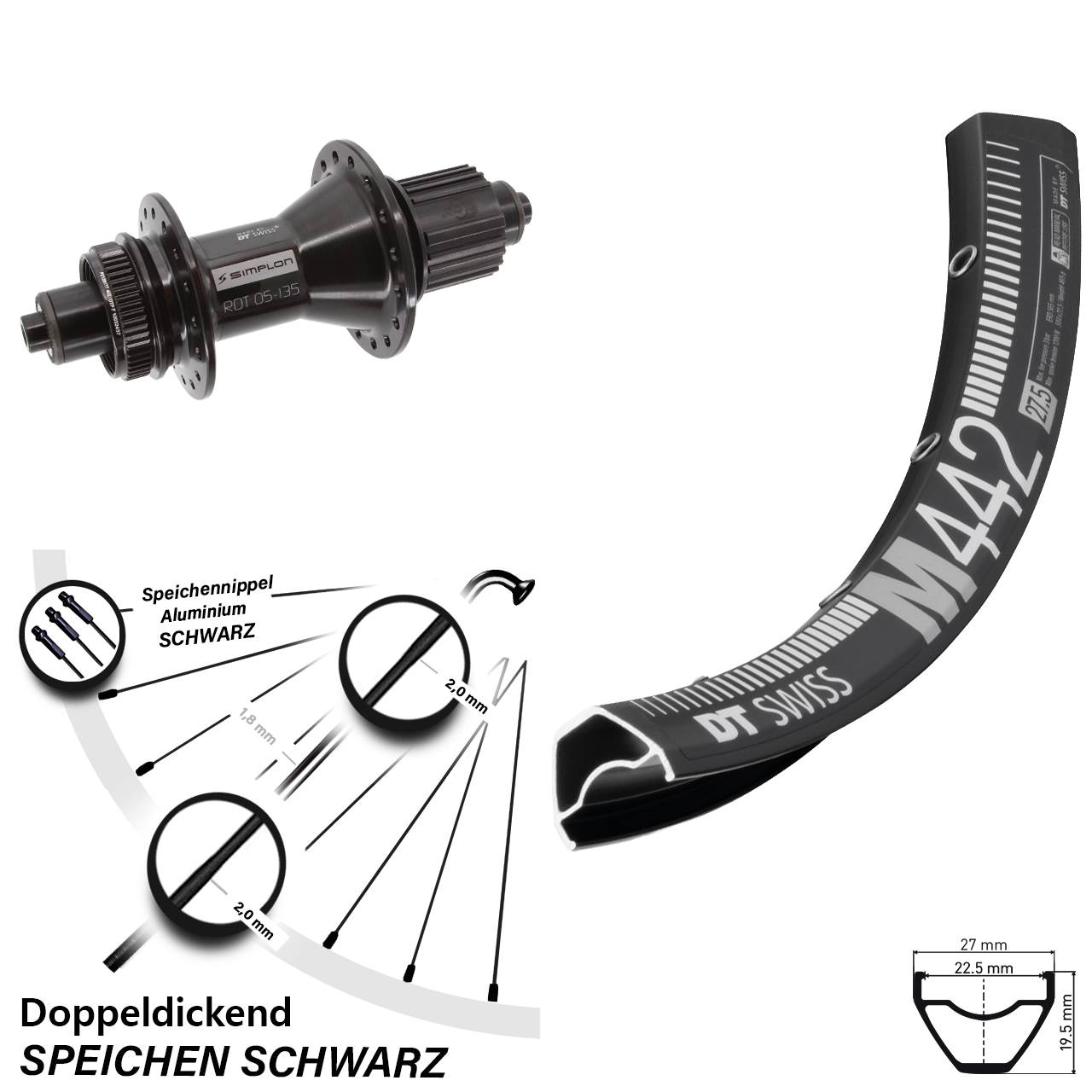 DT Swiss M442-370 Hybrid 28-29 Zoll Disc Laufrad für Schnellspanner Shimano Micro Spline