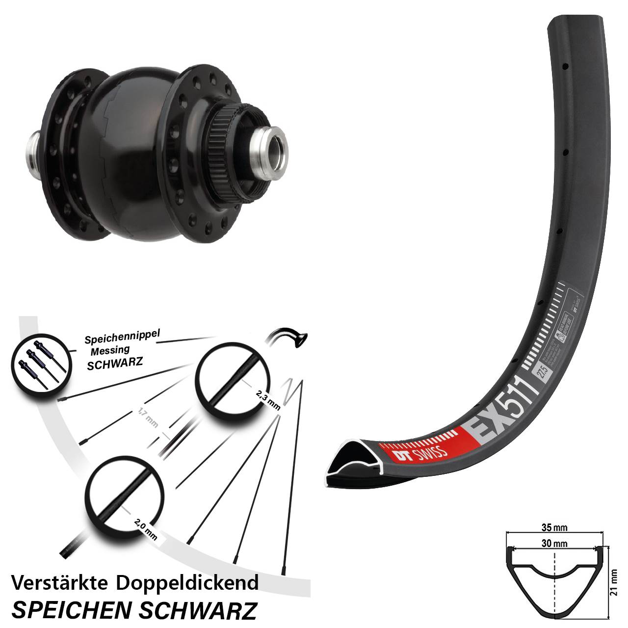 Centerlock Dynamo-Vorderrad 12x100 27,5 Zoll DT Swiss EX 511 SONdelux