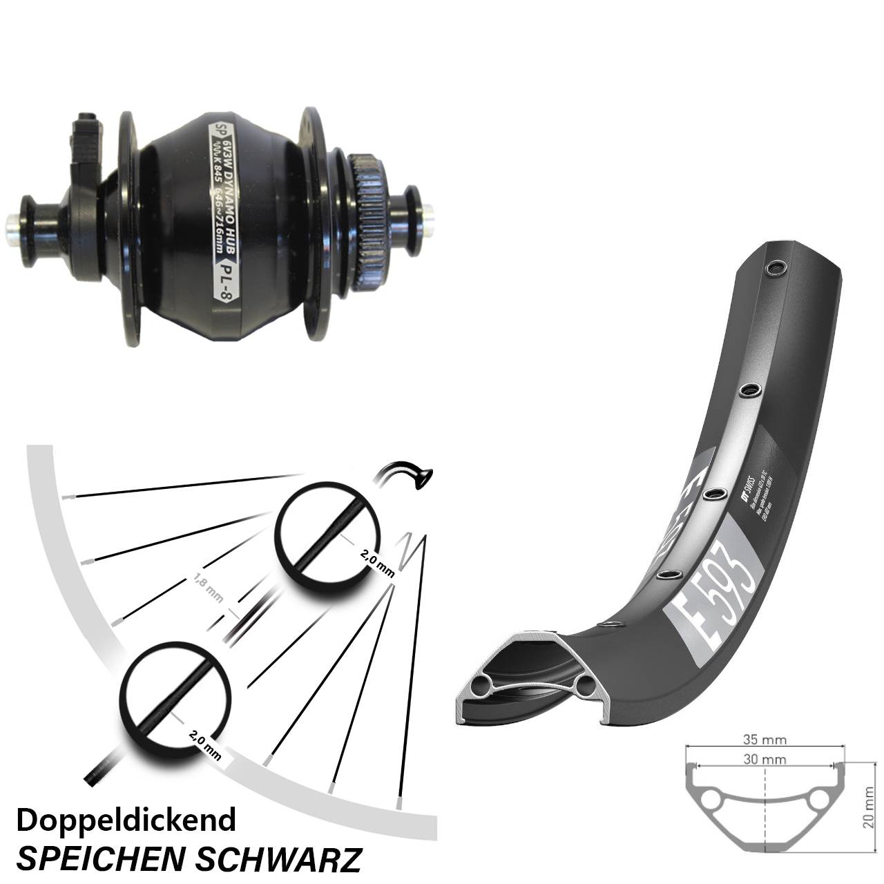 Disc Nabendynamo-Laufrad 650B DT Swiss E 593 Shutter PL-8 QR