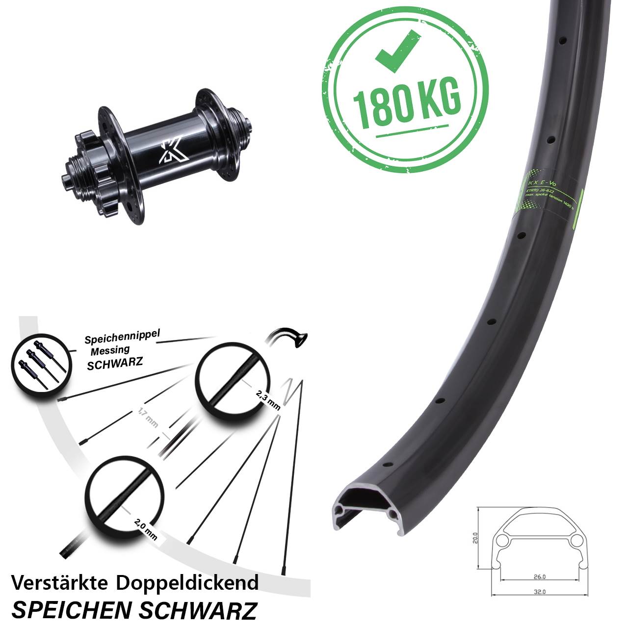 26 Zoll Vorderrad verstärkt 5x100 mm Schnellspanner Disc 6-Loch KX-M Evo