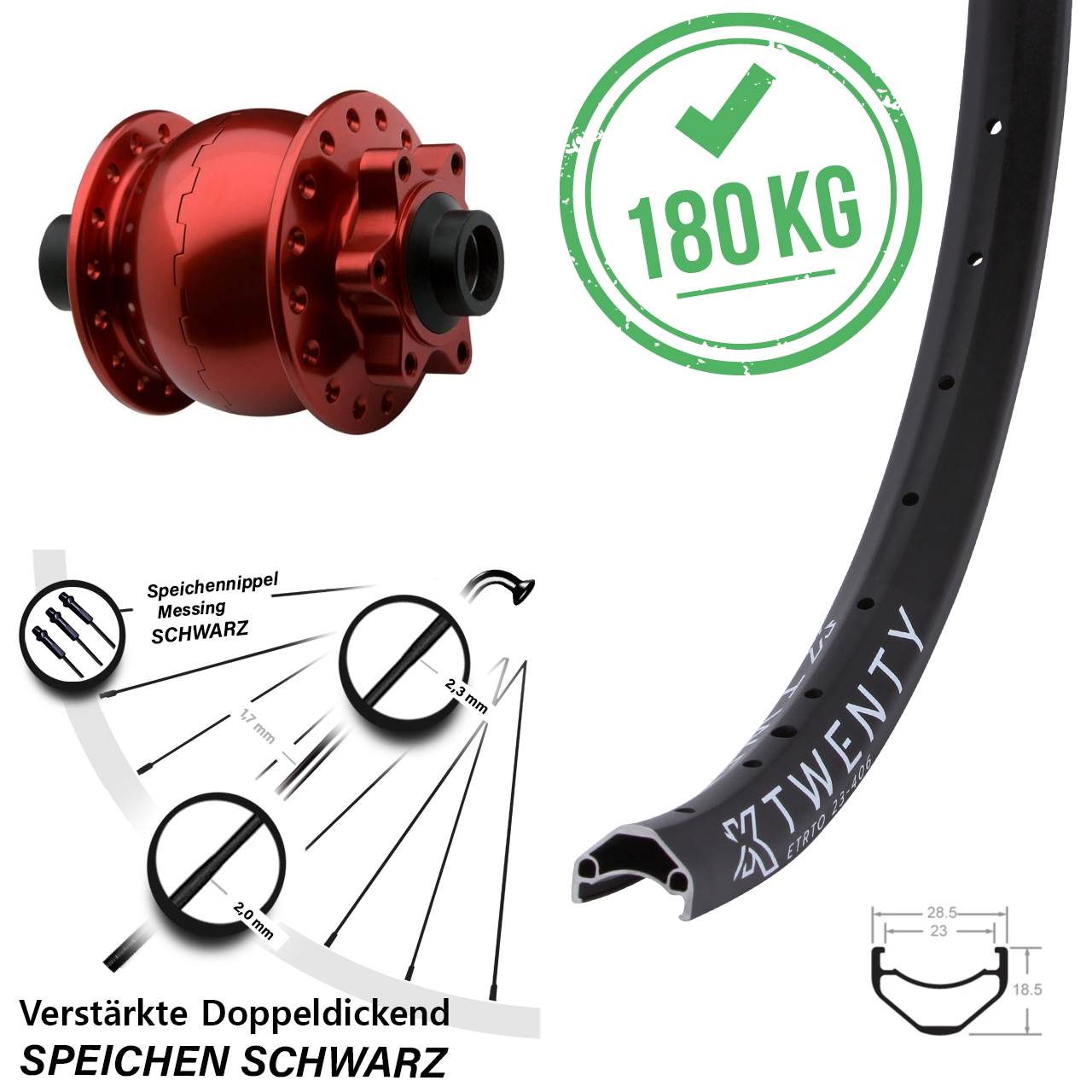20 Zoll Nabendynamo rot verstärkt Vorderrad KX Twenty Disc 6-Loch Steckachse 15x100mm