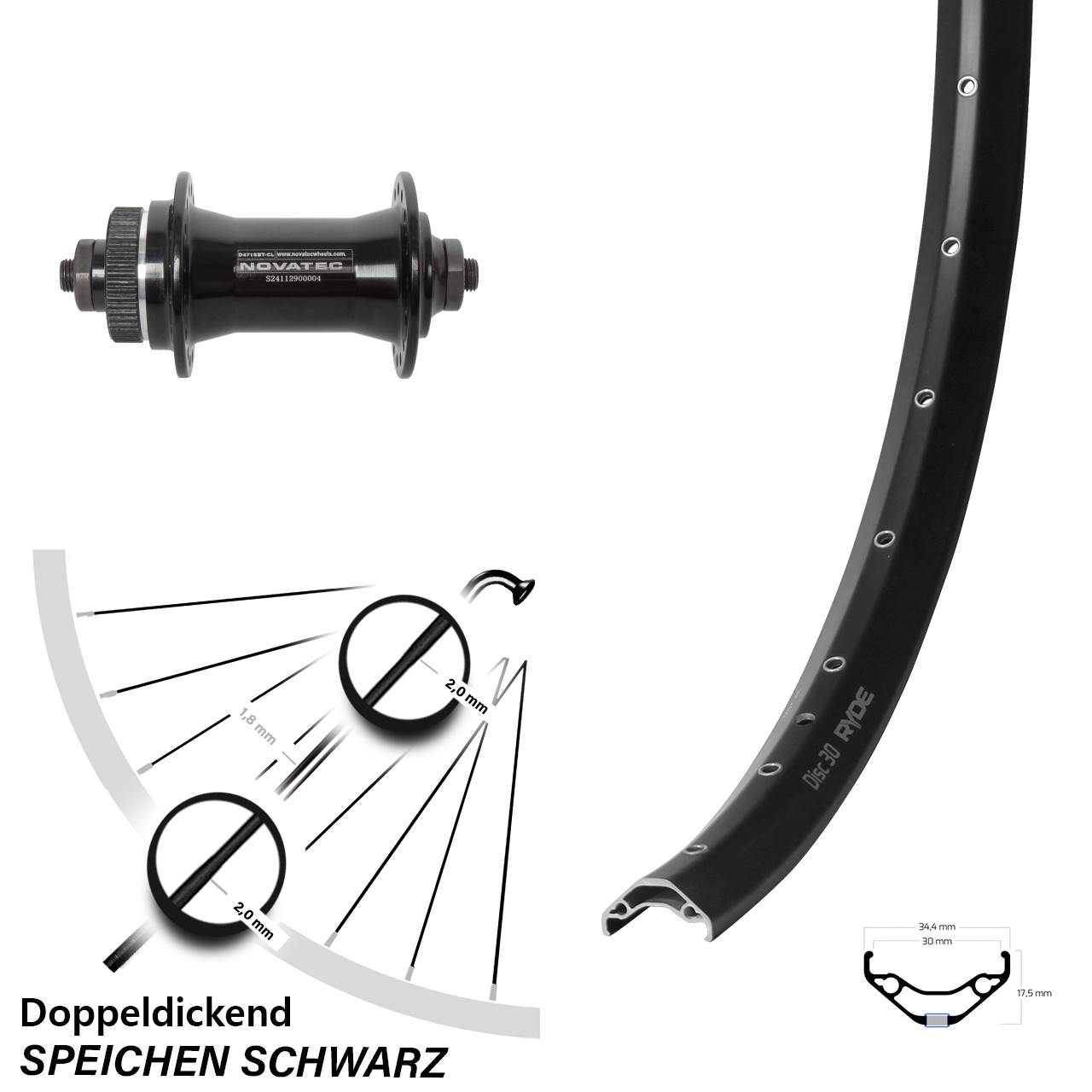 Ryde Disc 30 Novatec D471 29 Zoll Vorderrad Centerlock für Schnellspanner