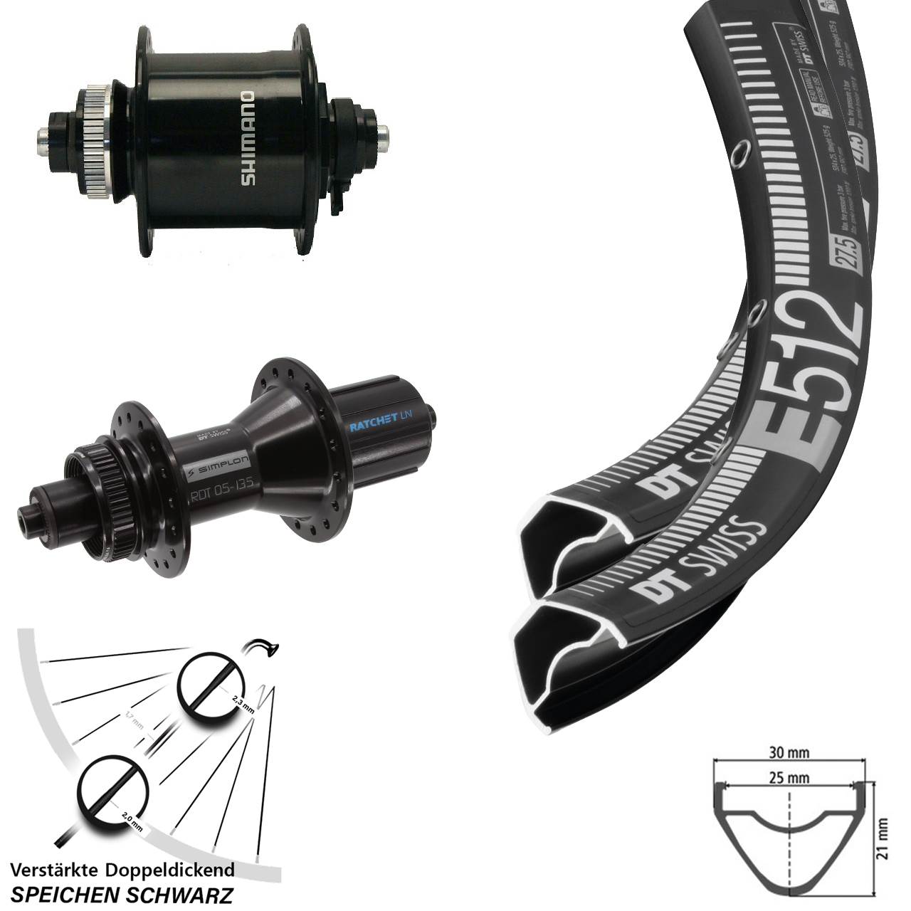 Laufradsatz Disc QR 27,5 Zoll DT Swiss E512 370 Hybrid Shimano DH-UR700-3D 8-11 fach