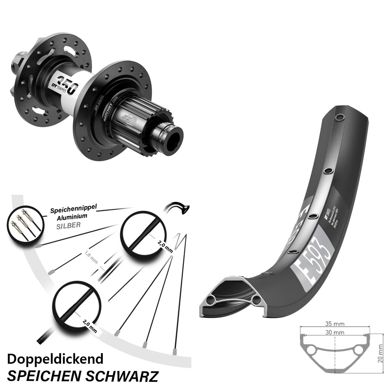 29 Zoll DT Swiss E 593-350 DEG72 Disc Hinterrad 12x148 Shimano Micro Spline