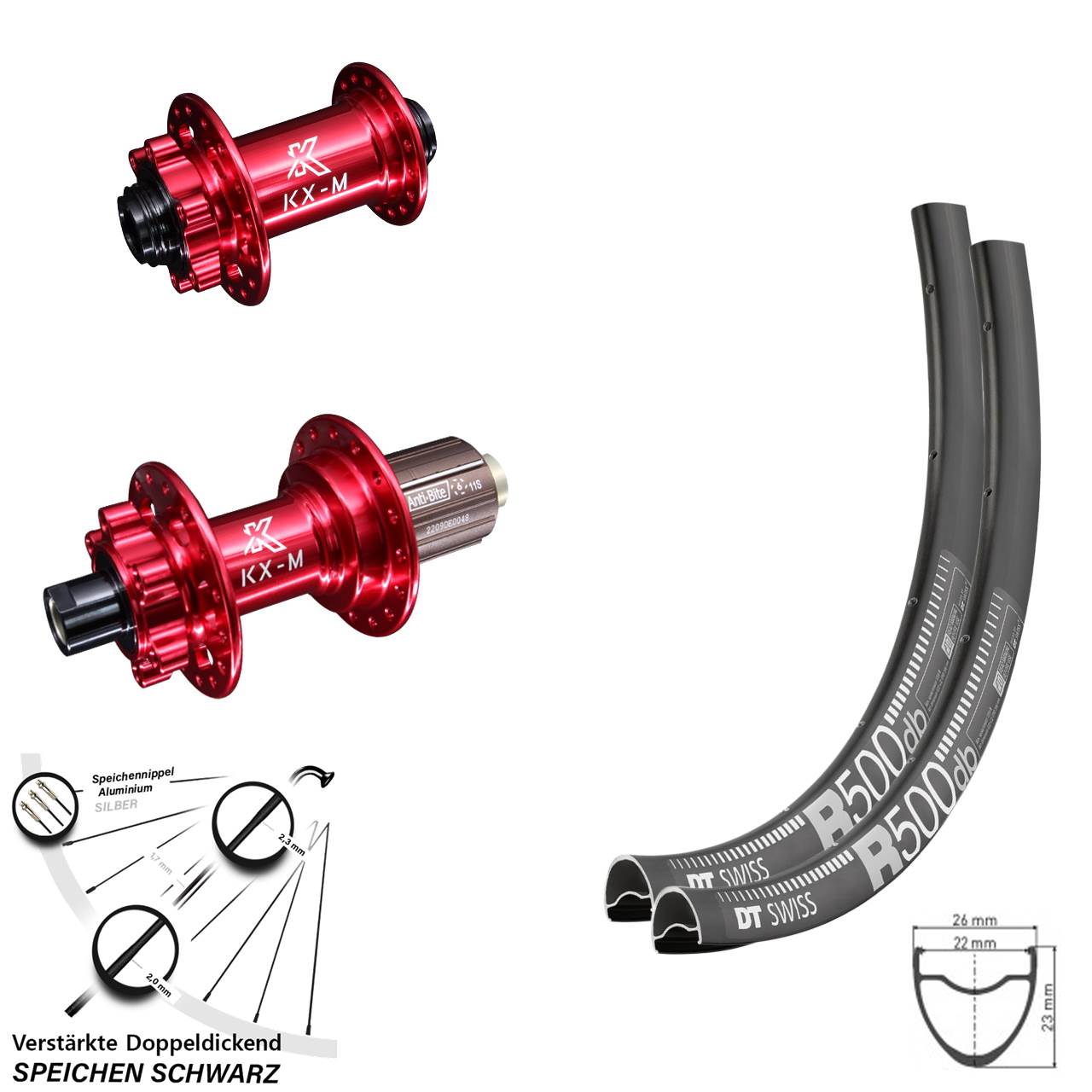 29 Zoll DT Swiss R 500 KX-M rot 6-Loch Laufradsatz 12x100/142 8-12 fach