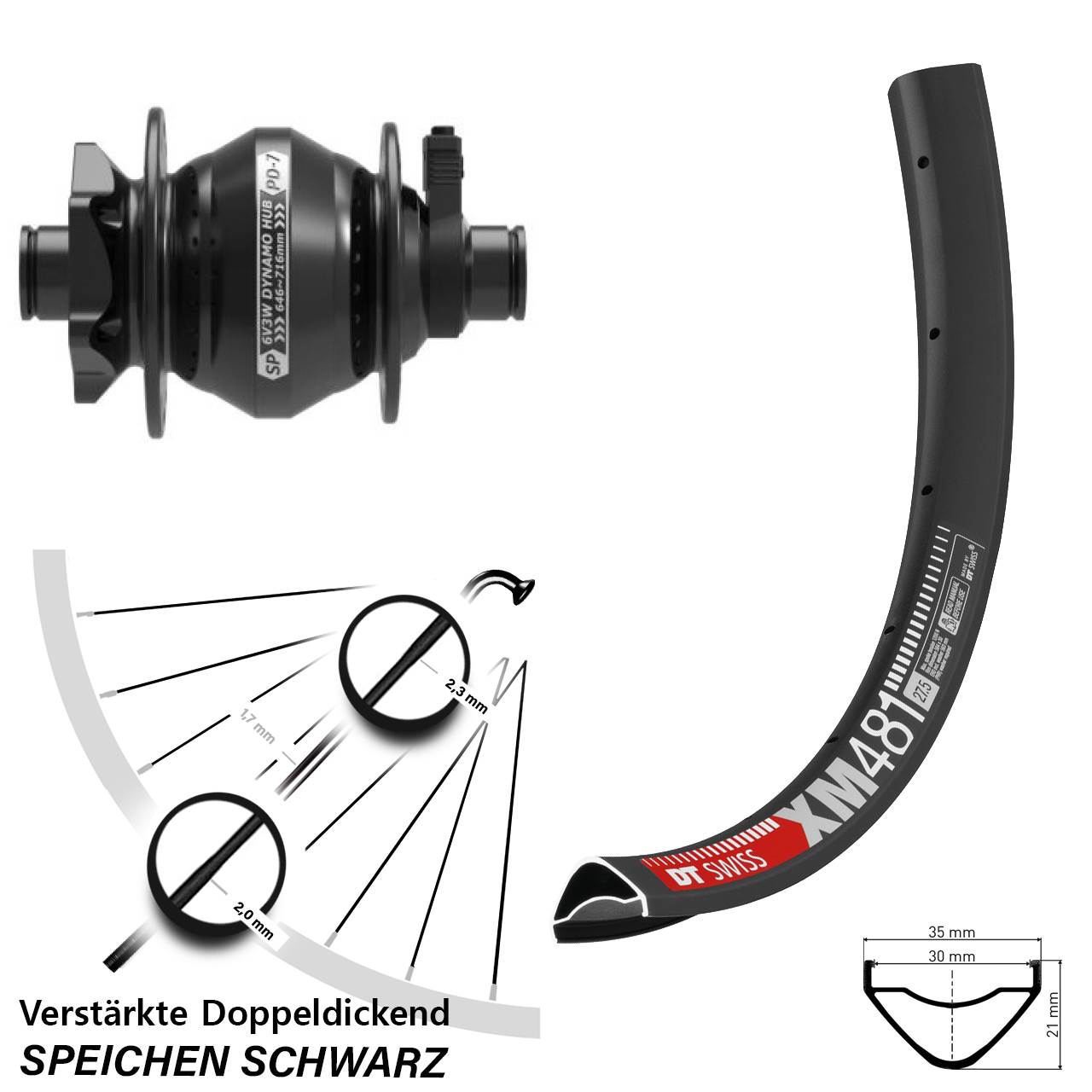 6-Loch Dynamo-Vorderrad 27,5 Zoll DT Swiss XM481 Shutter Precision PD-7 12x100
