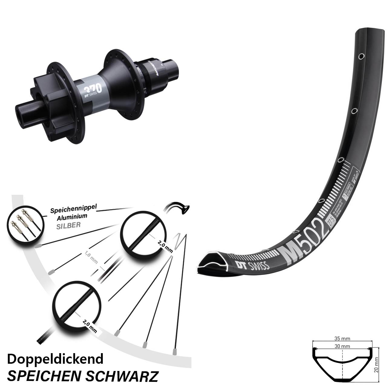 29 Zoll M 502 DT Swiss 370 Disc 6-Loch Sram XD Steckachse 12x142 mm Hinterrad schwarz