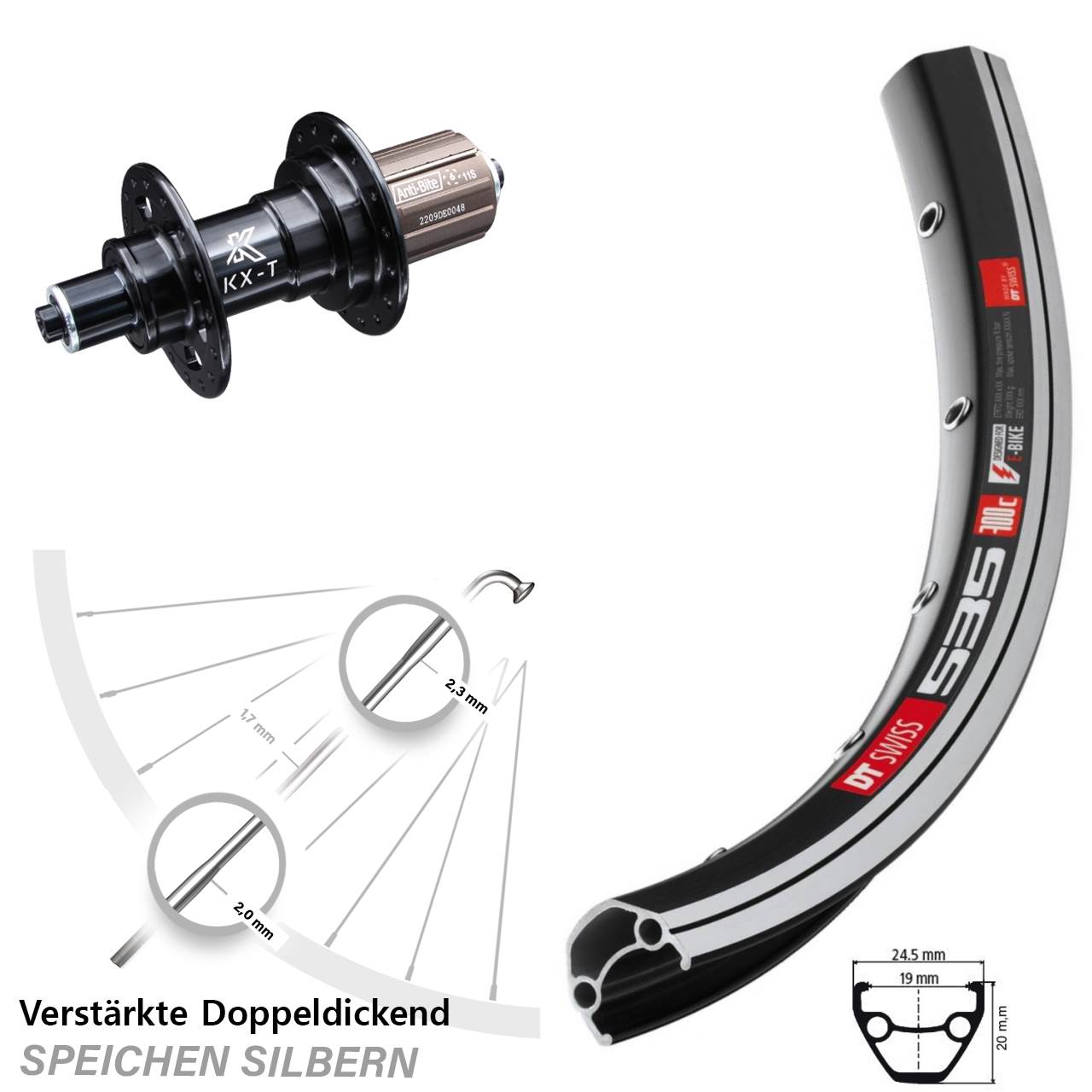 schwarzes 28 Zoll Hinterrad DT Swiss 535 verstärkt KX-T 135 mm 8-11 fach