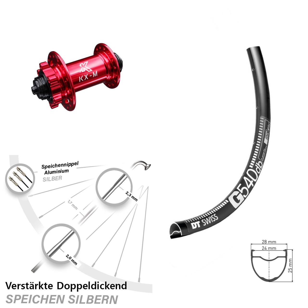 DT Swiss G540 KX-M rot 28 Zoll 6-Loch Vorderrad für Schnellspanner