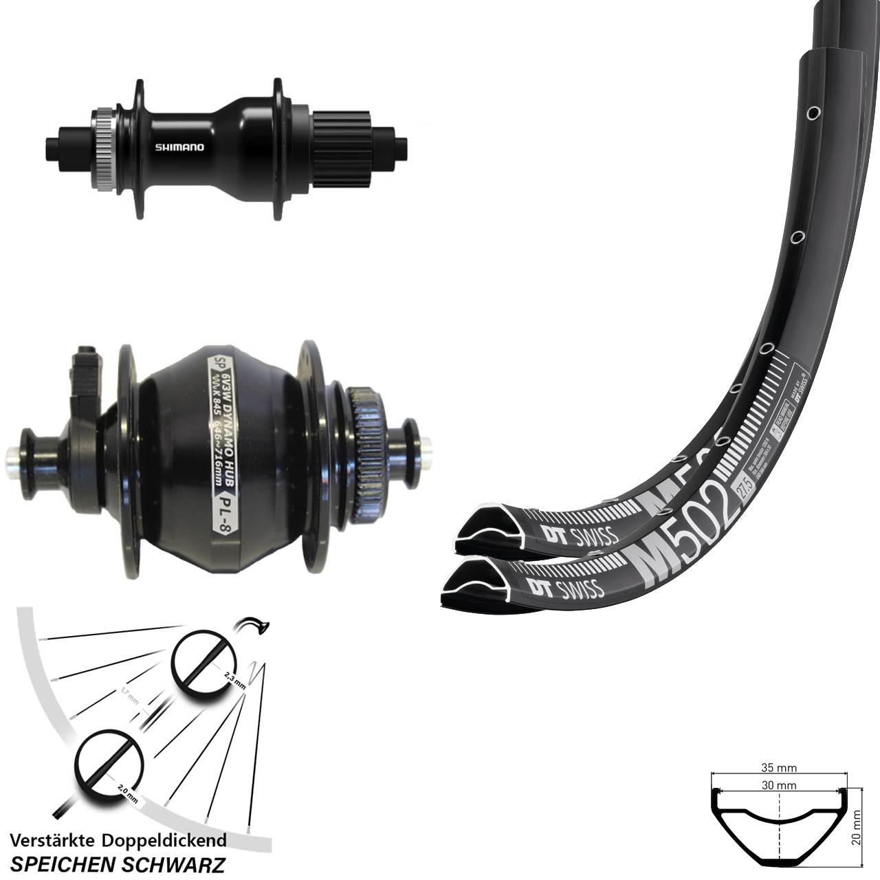 Disc Laufradsatz 27,5 Zoll DT Swiss M502 Shimano FH-QC500-MS SP PL-8 Micro Spline QR