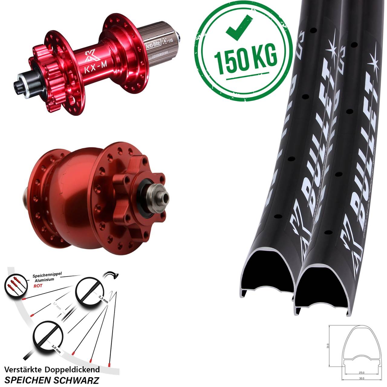 Disc Laufradsatz für Schnellspanner 29 Zoll KX-M Bullet rot SON 28 8-12 fach