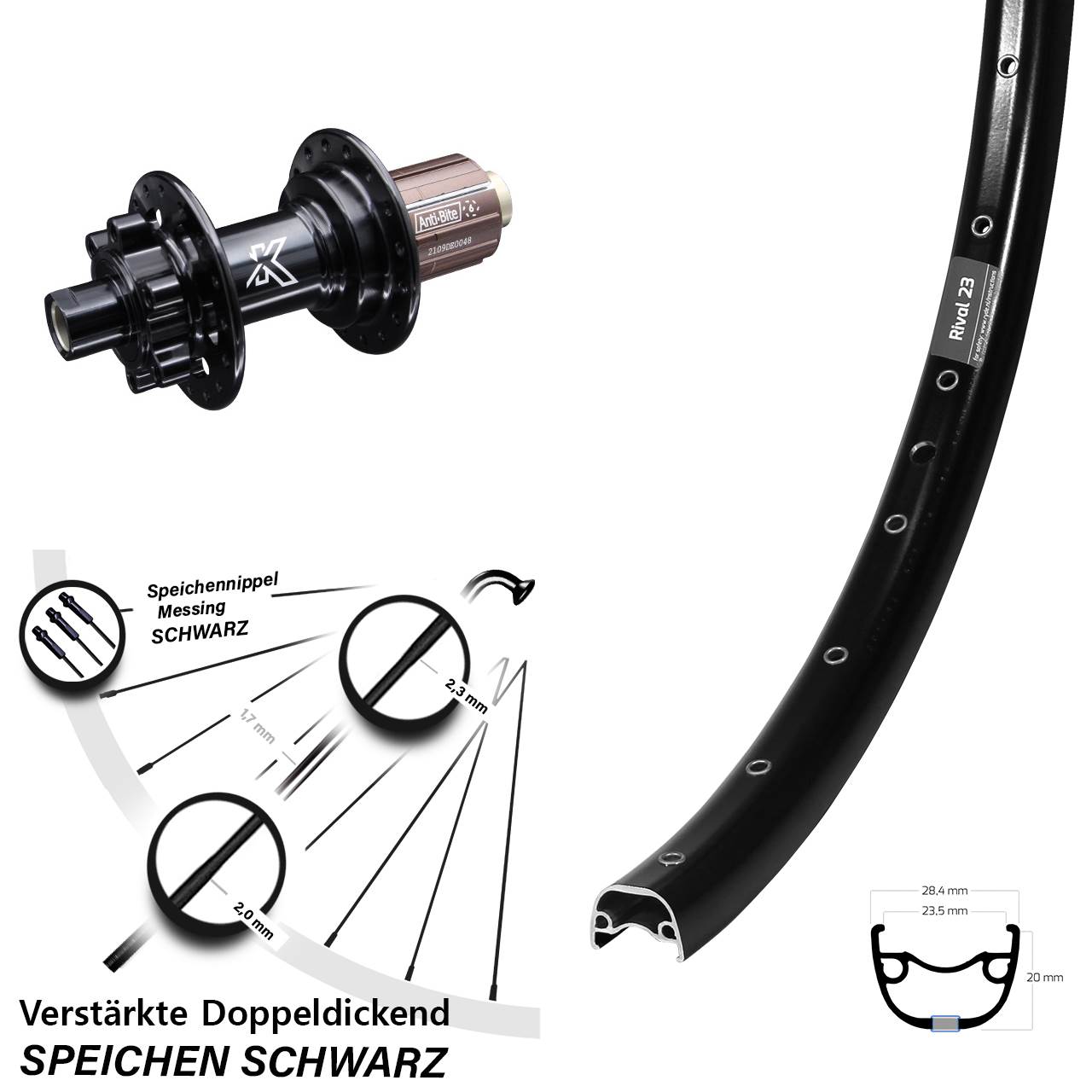 6-Loch Hinterrad 27,5 Zoll Ryde Rival 23 KX-M Shimano Anti-Bite 8-12 fach HG 12x142