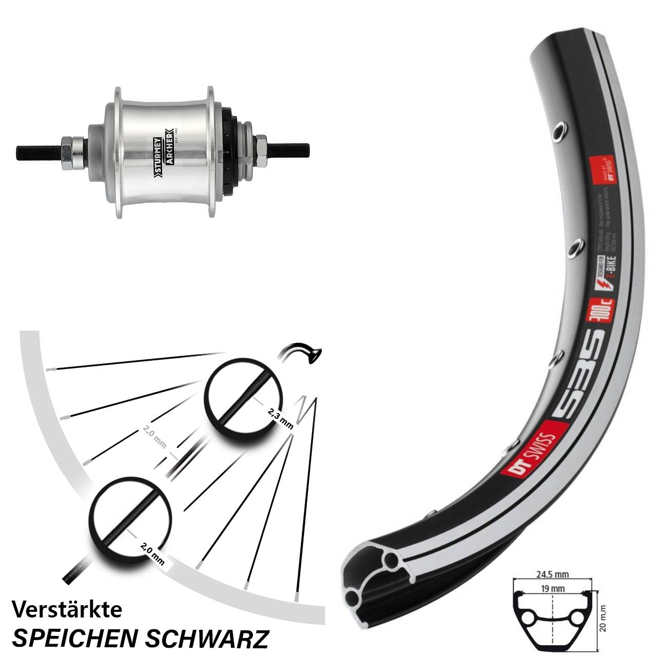 Hinterrad 28 Zoll DT Swiss 535 schwarz Sturmey Archer Automatic A2K silbern Felgenbremse