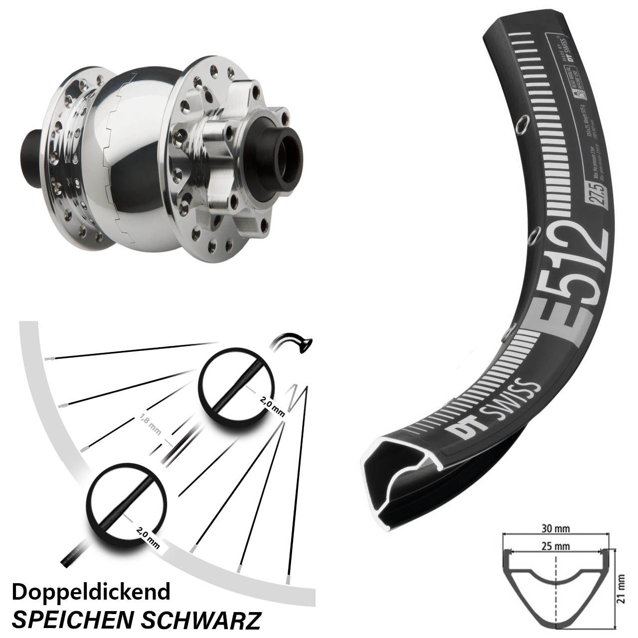 6-Loch Dynamo-Vorderrad 27,5 Zoll DT Swiss E512 SON 28 poliert 15x100