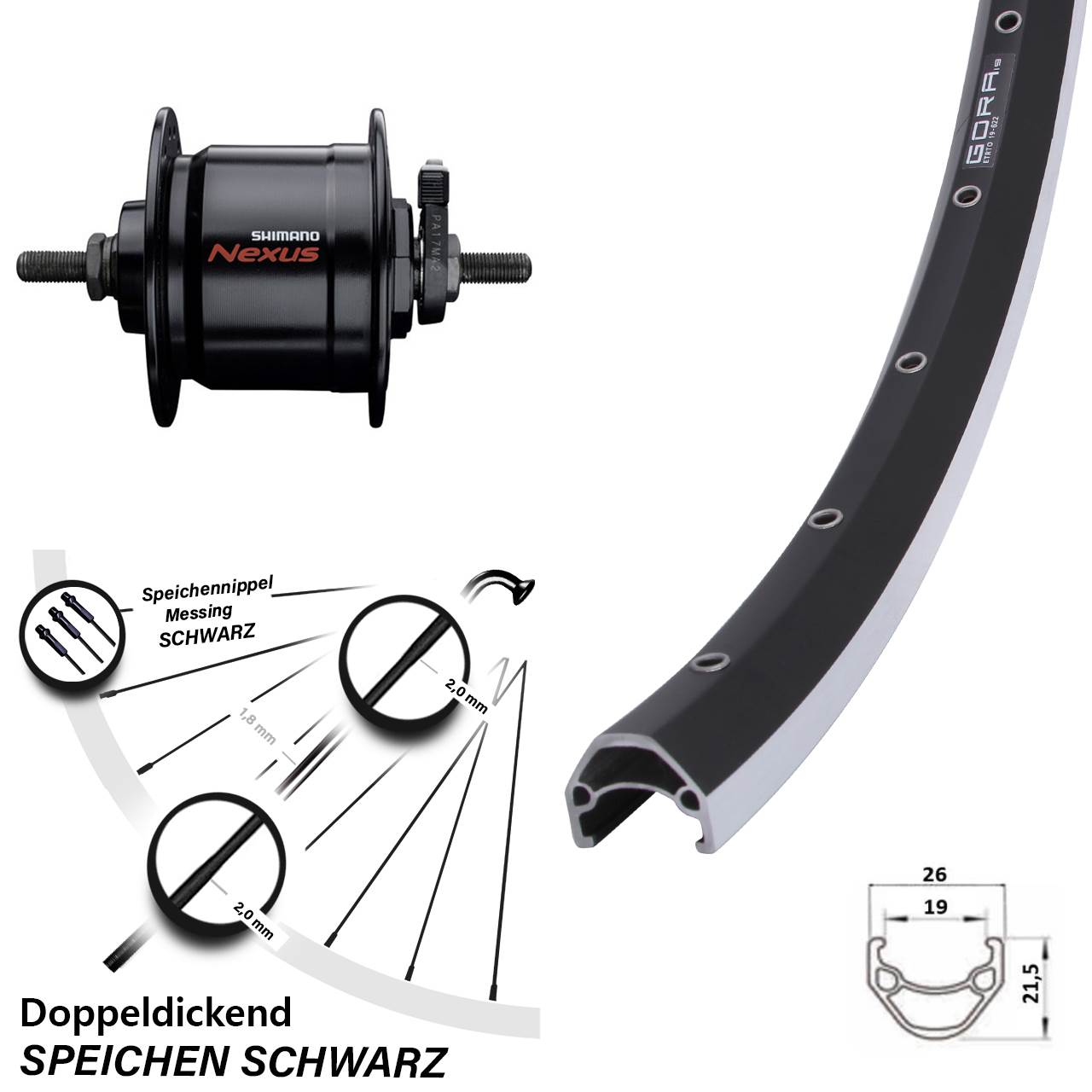Nabendynamolaufrad Vollachse 28 Zoll Gora 19 Shimano DH-C3000-3N