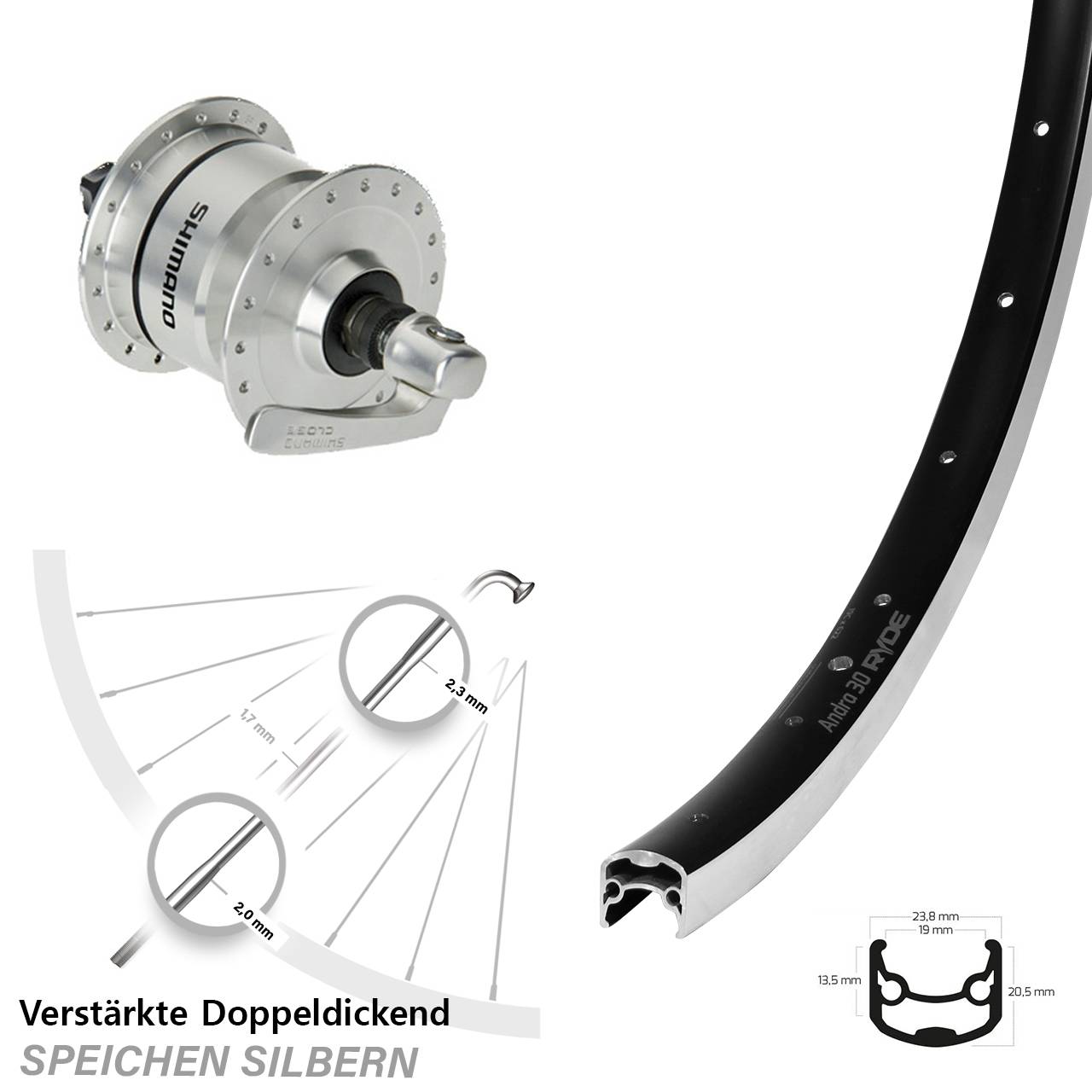 26 Zoll Shimano DH3N72 Ryde Andra 30 Nabendynamovorderrad